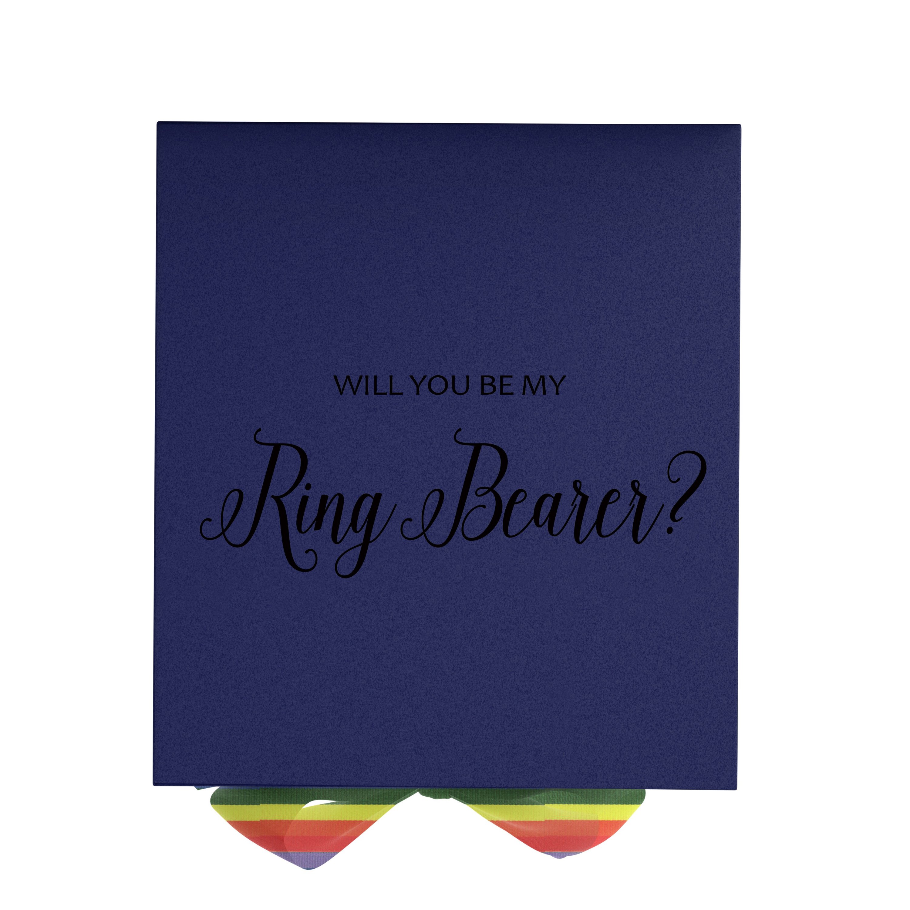 Navy proposal box with metallic writing and rainbow bow, showcasing elegant design and quality craftsmanship.