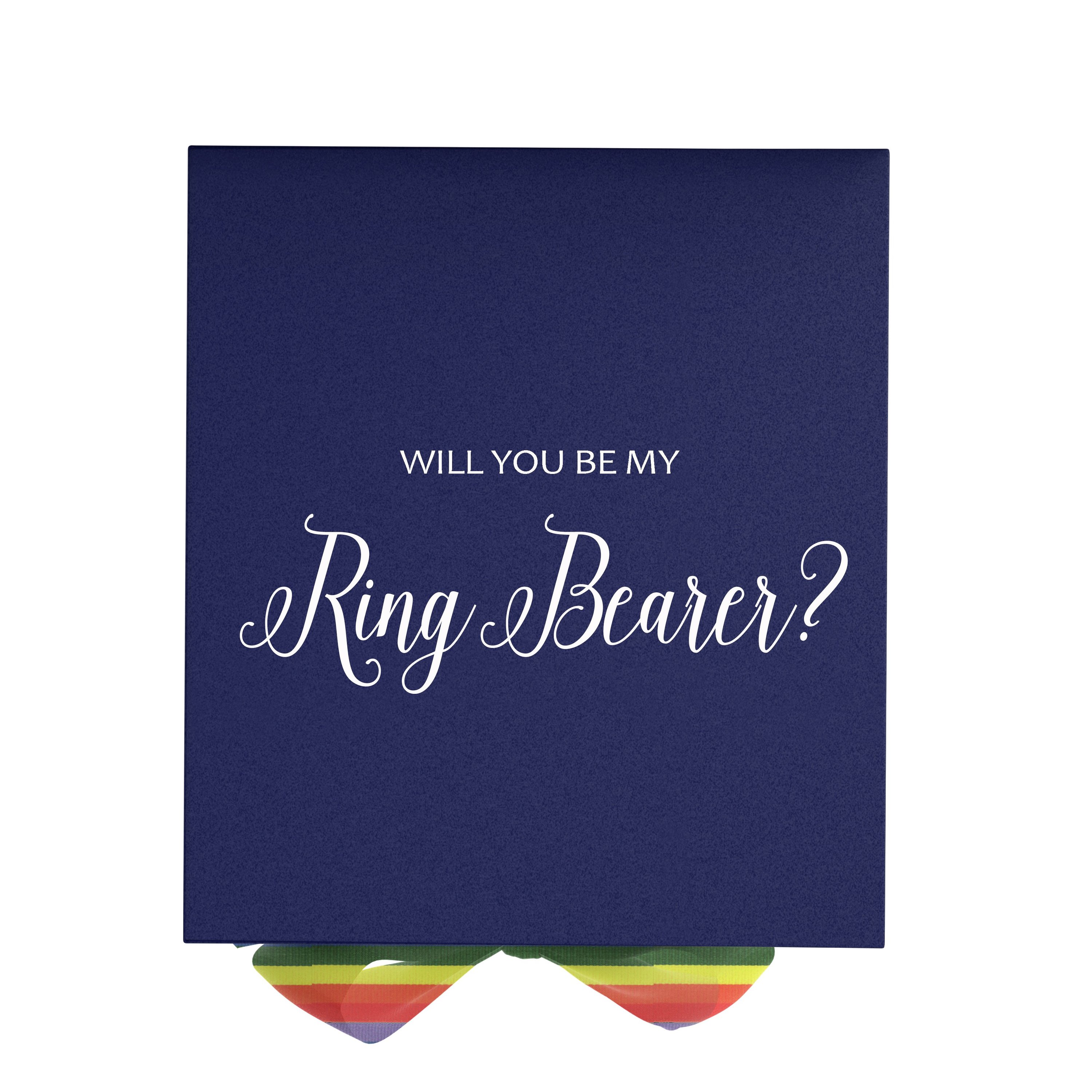 Navy proposal box with metallic writing and rainbow bow, showcasing elegant design and quality craftsmanship.