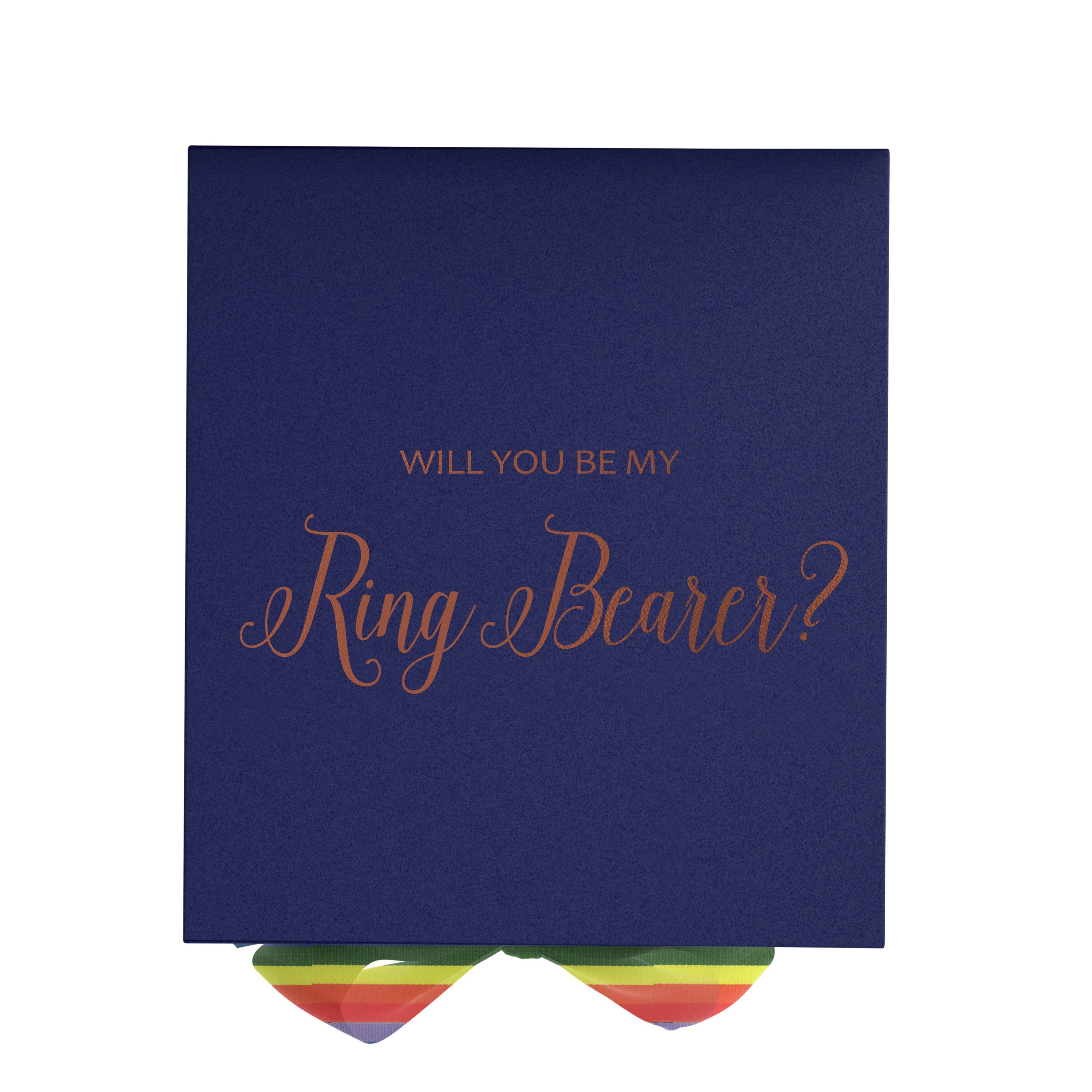 Navy proposal box with metallic writing and rainbow bow, showcasing elegant design and quality craftsmanship.