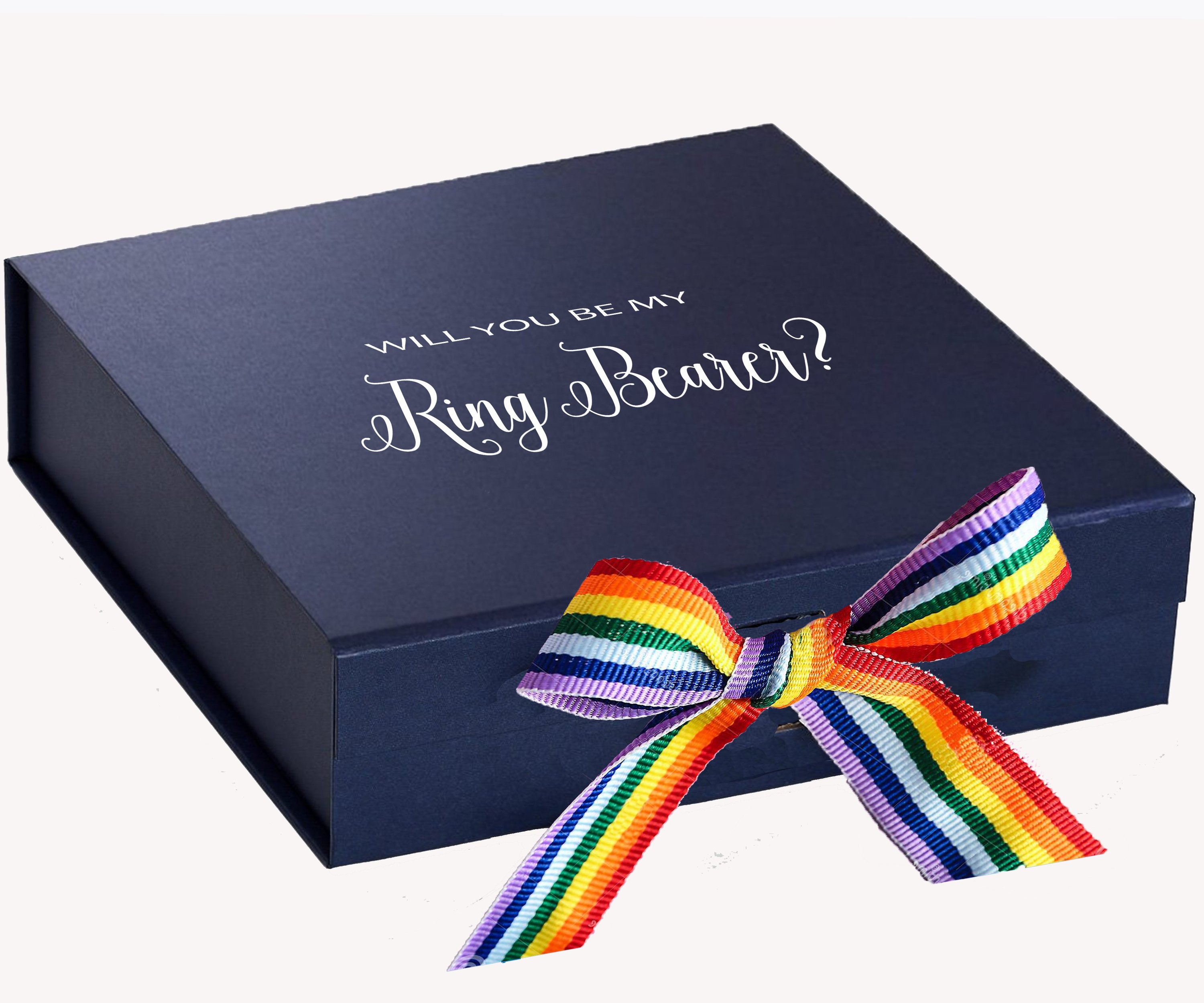 Navy proposal box with metallic writing and rainbow bow, showcasing elegant design and quality craftsmanship.