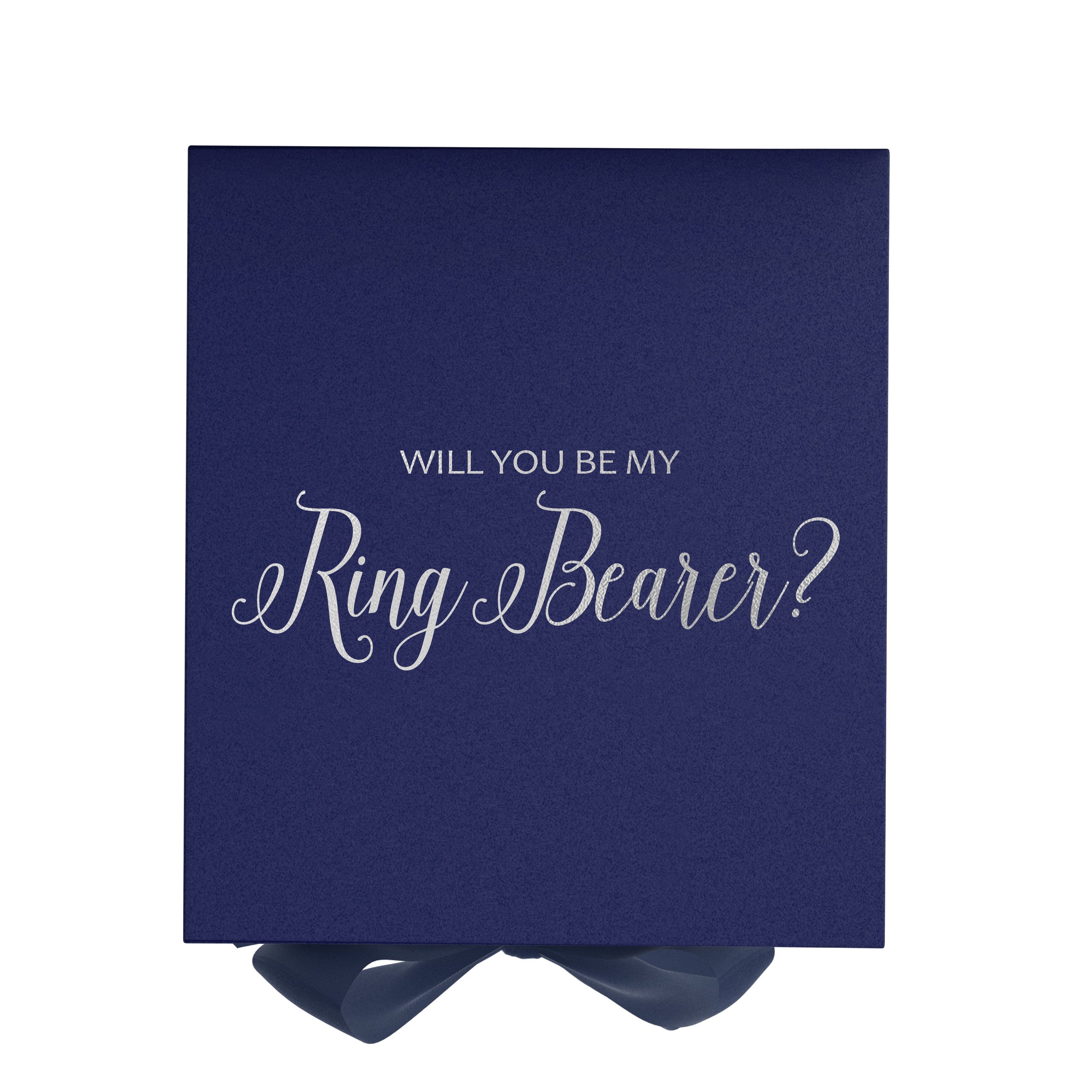 Navy proposal box with metallic writing and bow, perfect for ring bearer proposal.