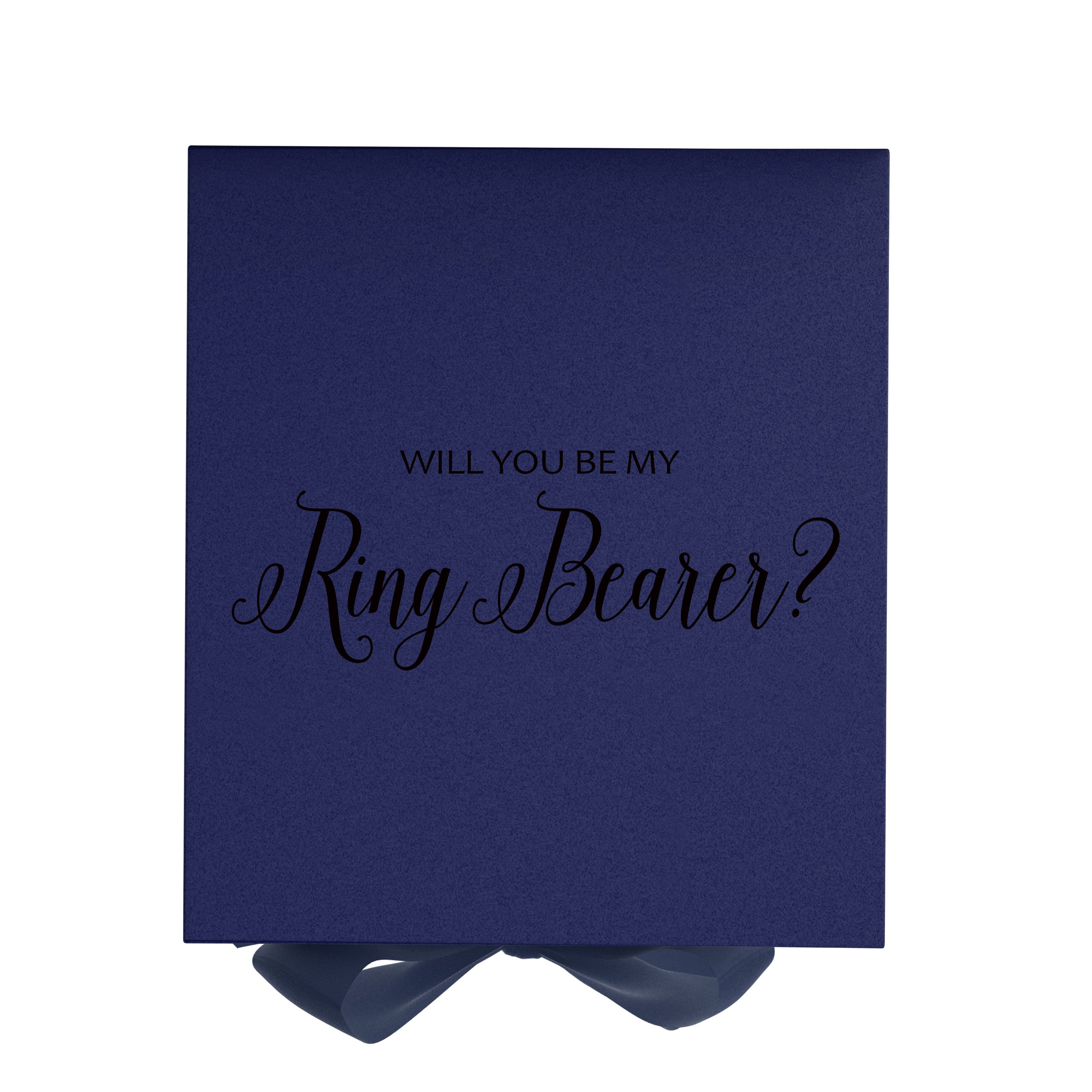 Navy proposal box with metallic writing and bow, perfect for ring bearer proposal.