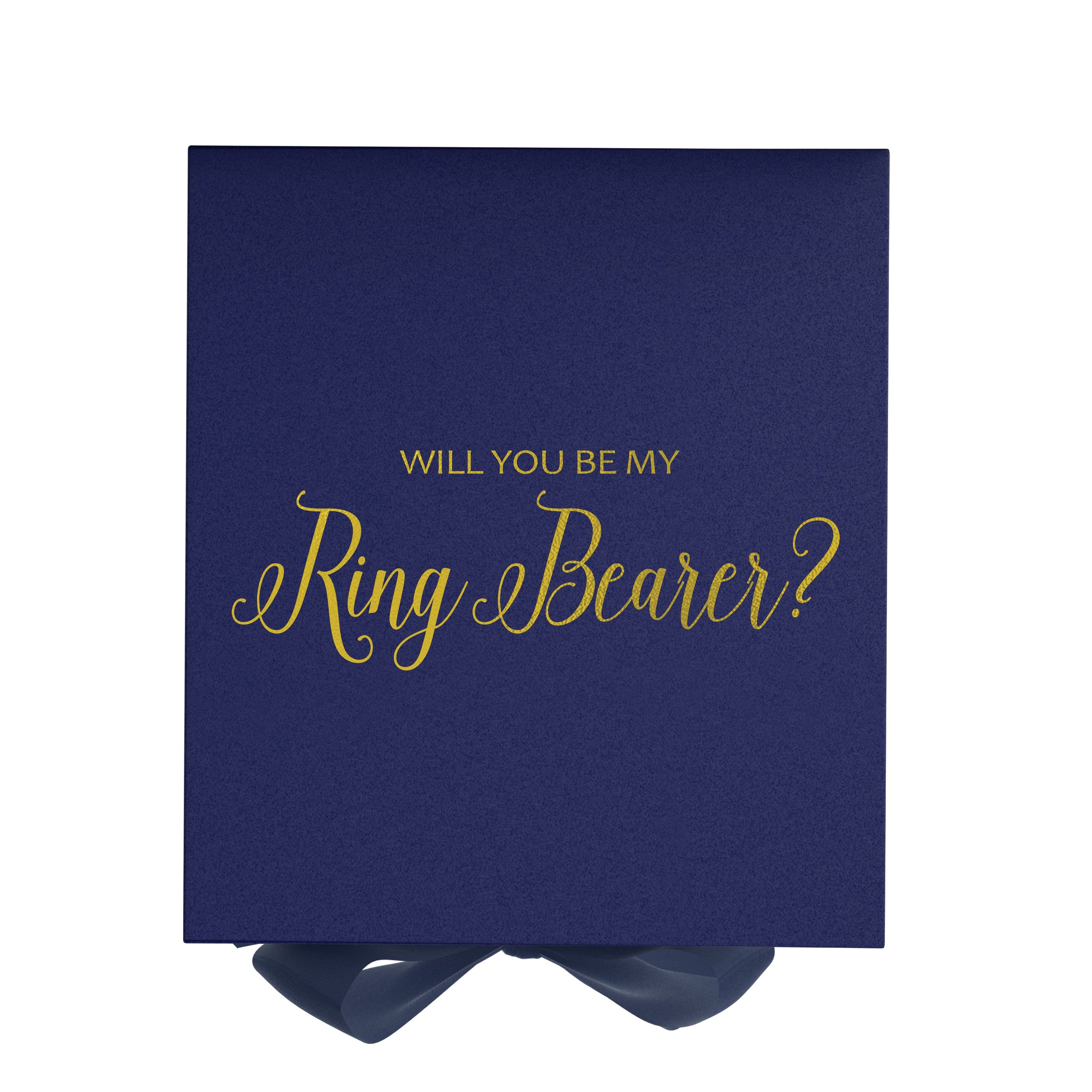 Navy proposal box with metallic writing and bow, perfect for ring bearer proposal.