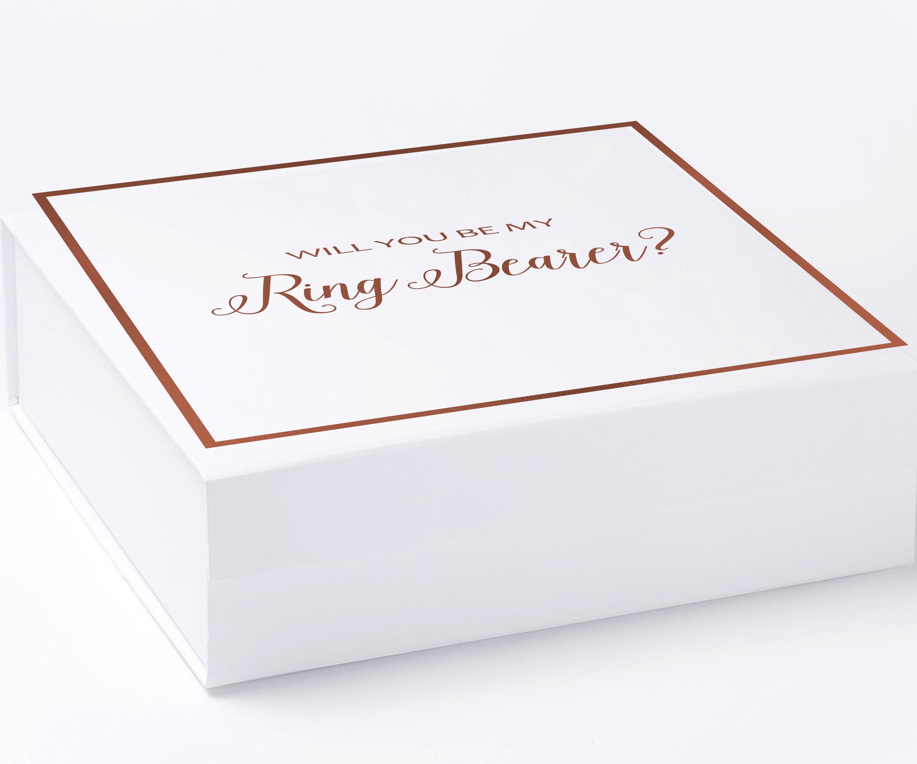 Elegant white proposal box with metallic writing, designed for asking a ring bearer.