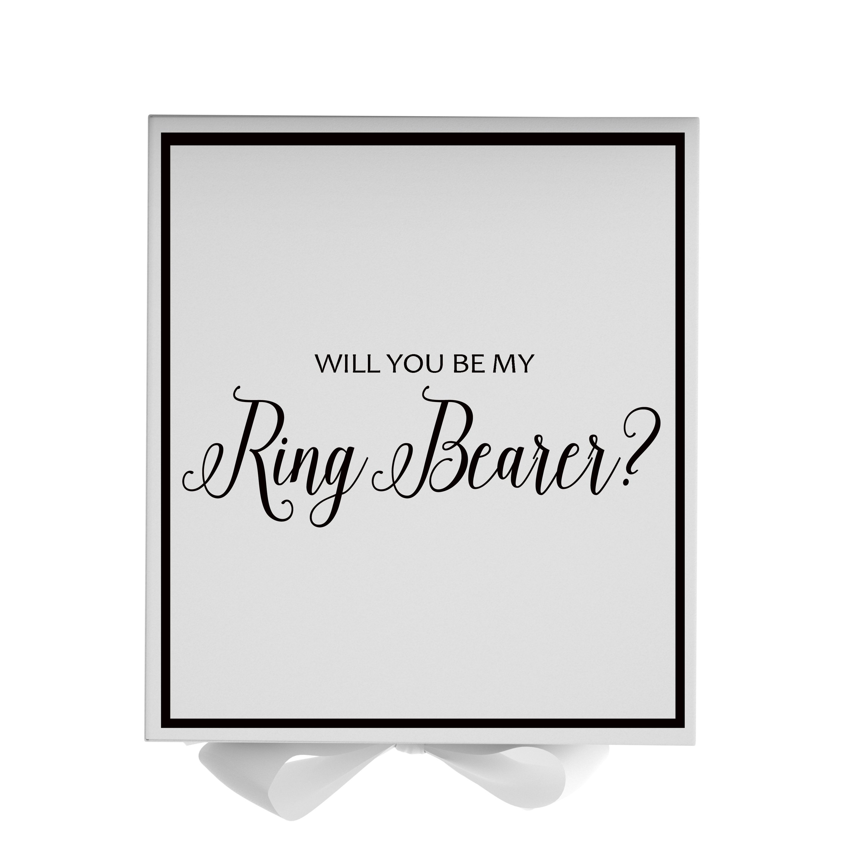 Elegant white proposal box with metallic writing and a white bow, perfect for asking someone to be a ring bearer.