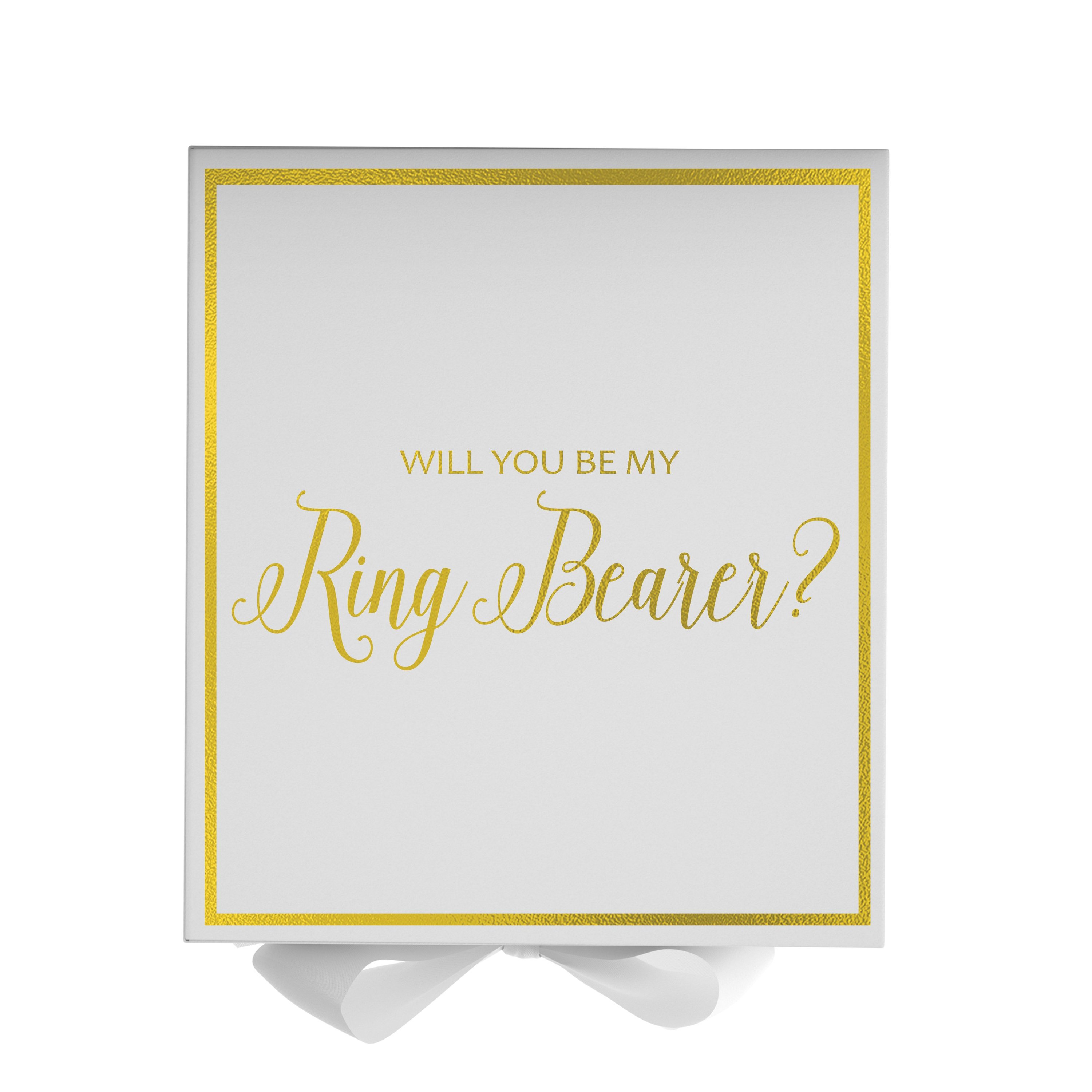 Elegant white proposal box with metallic writing and a white bow, perfect for asking someone to be a ring bearer.