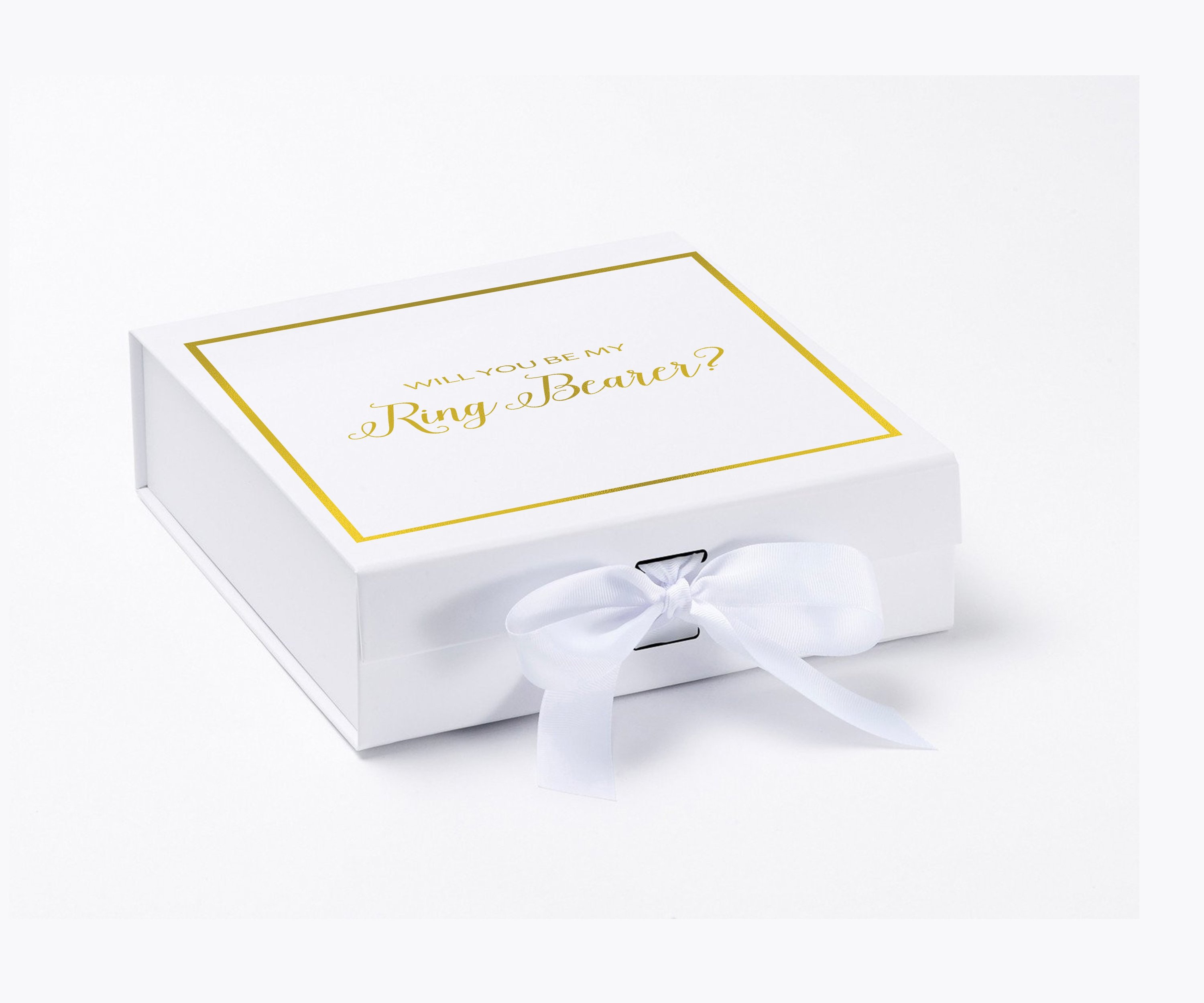 Elegant white proposal box with metallic writing and a white bow, perfect for asking someone to be a ring bearer.