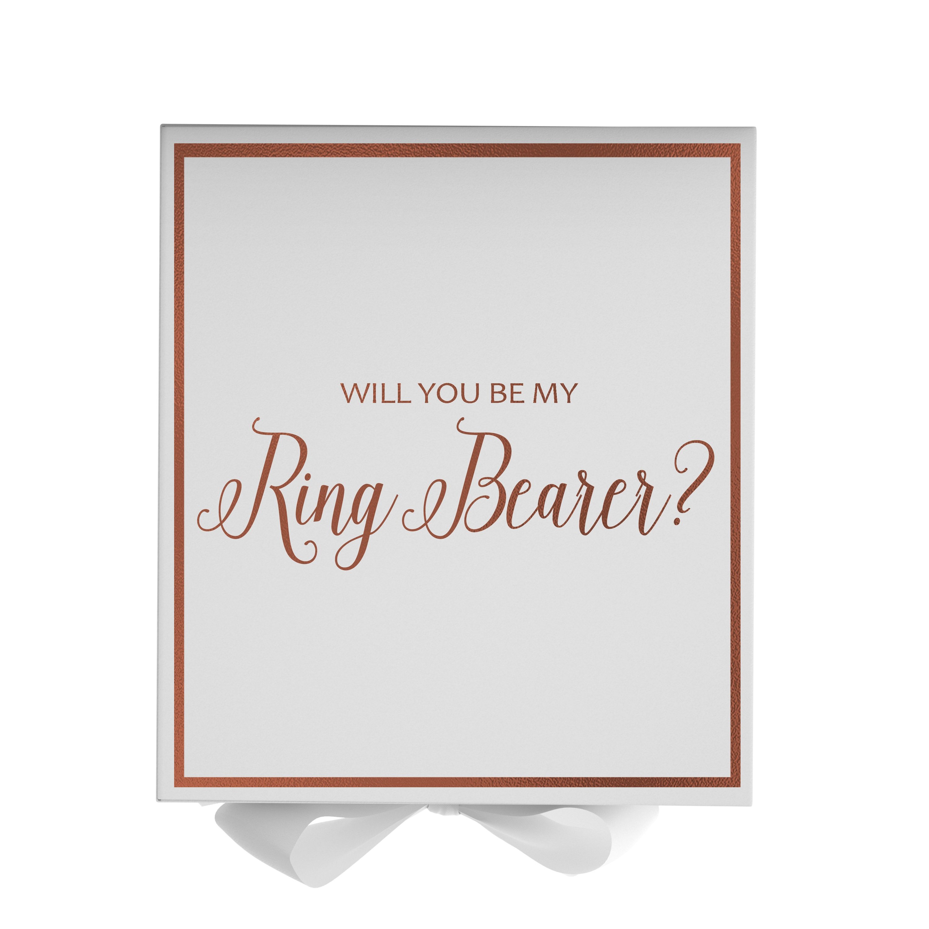 Elegant white proposal box with metallic writing and a white bow, perfect for asking someone to be a ring bearer.