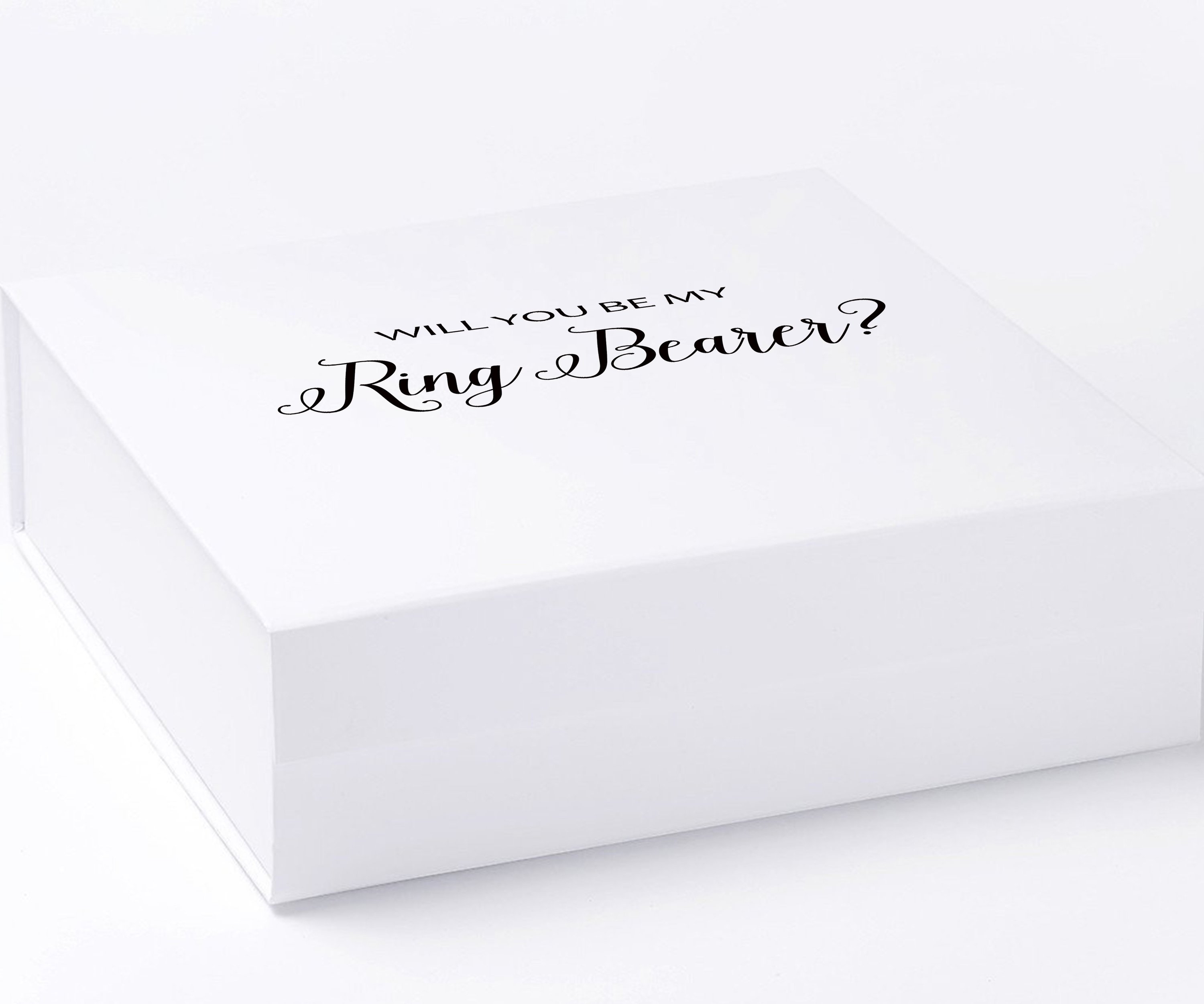 Elegant white proposal box with metallic writing, showcasing a sleek design for ring bearer proposal.