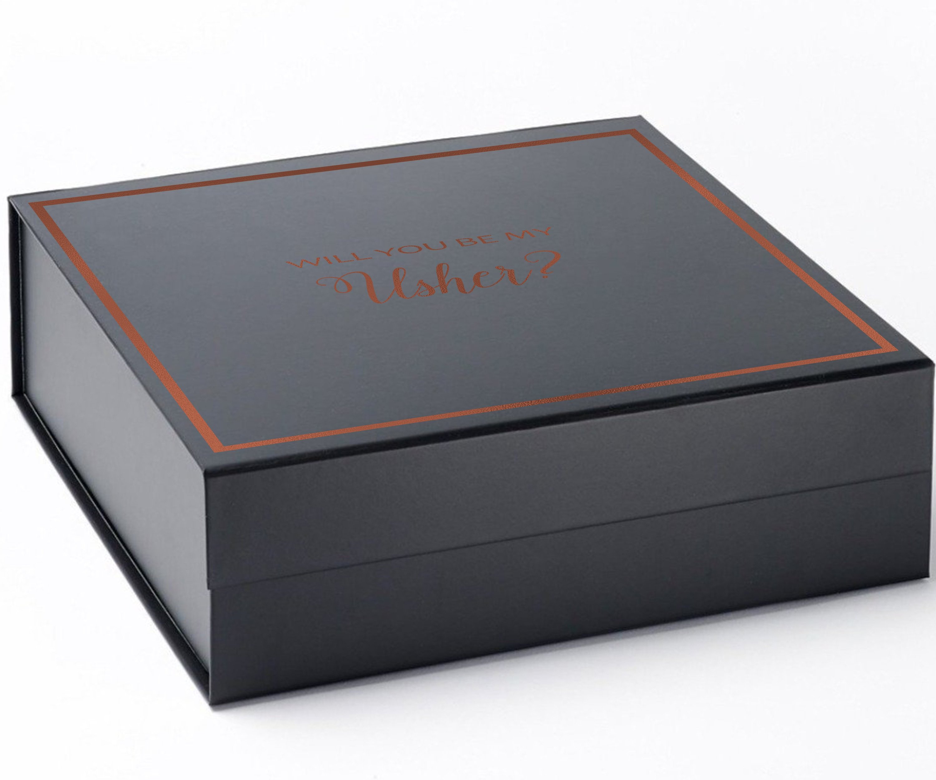 Black proposal box with metallic writing for usher invitation, featuring a sleek design and magnetic closure.