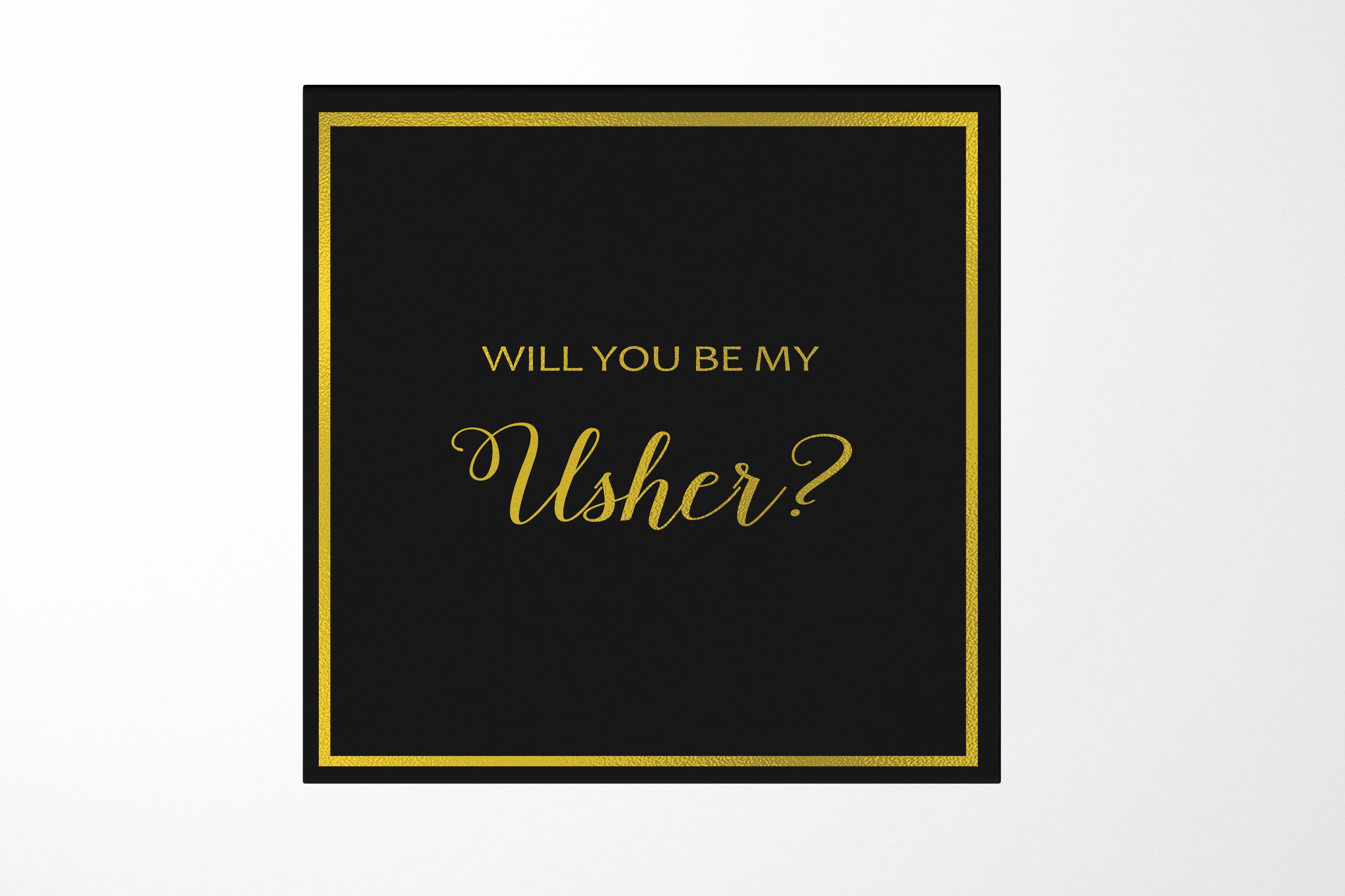 Black proposal box with metallic writing for usher invitation, featuring a sleek design and magnetic closure.