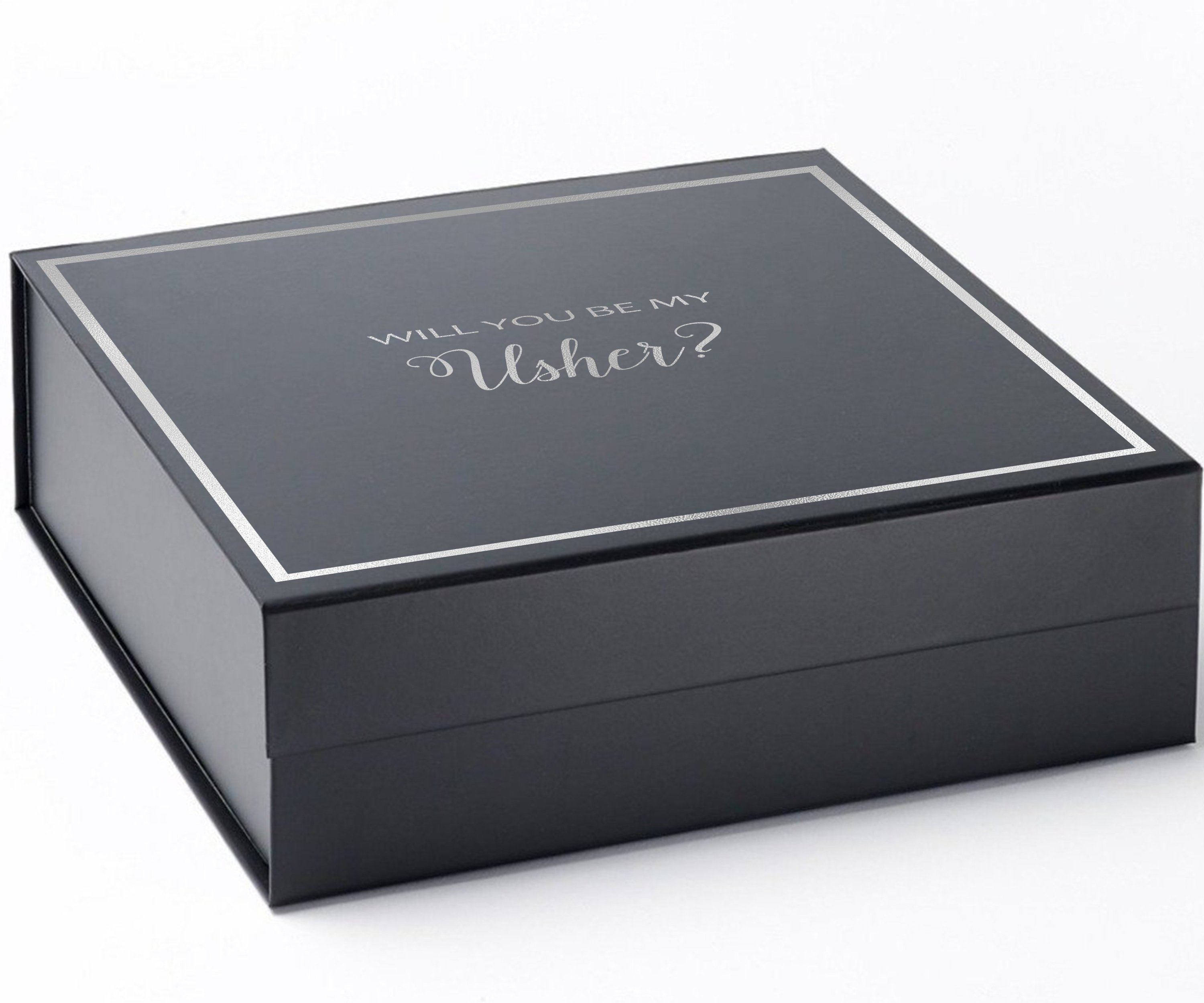 Black proposal box with metallic writing for usher invitation, featuring a sleek design and magnetic closure.