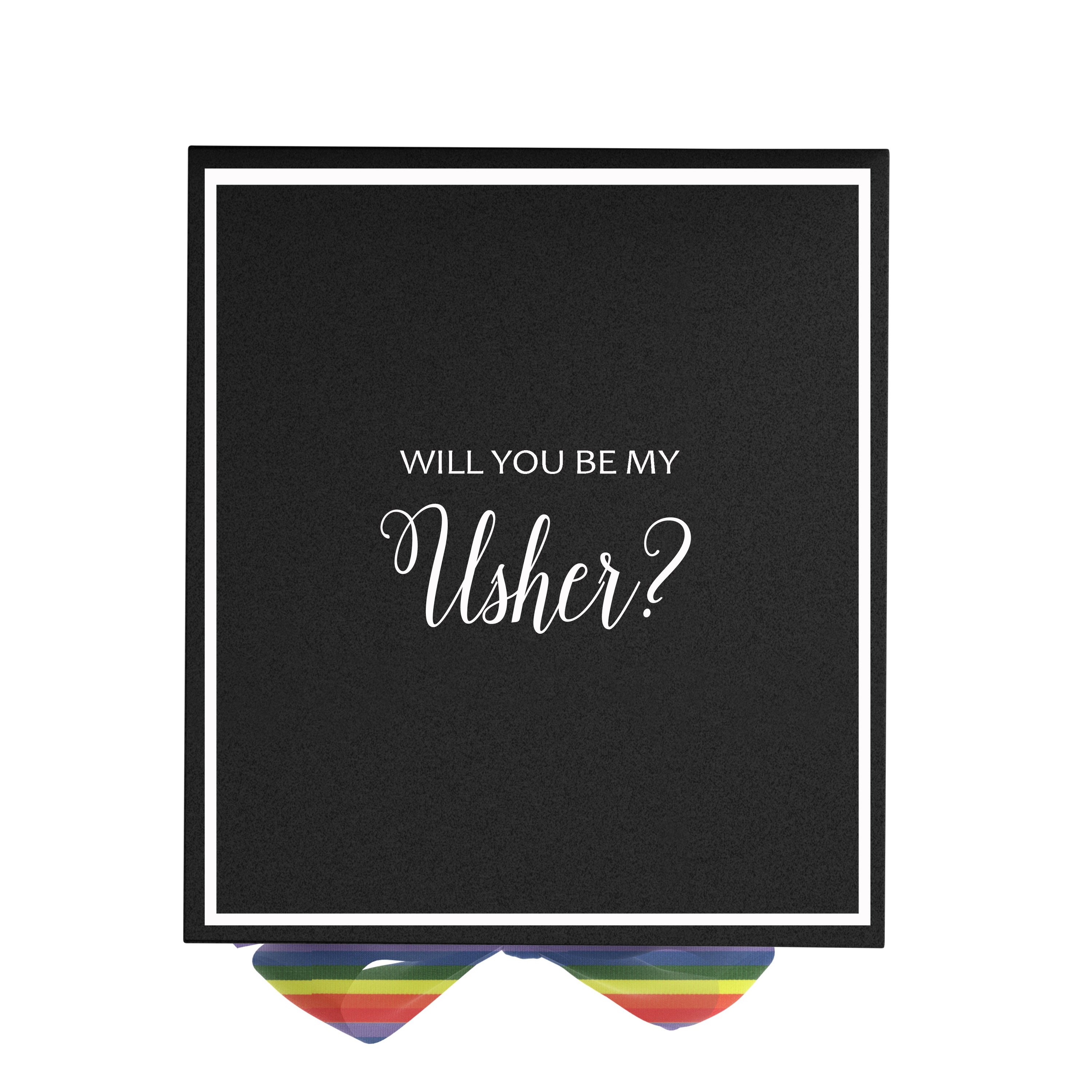 Black proposal box with metallic writing and rainbow ribbon, perfect for asking someone to be your usher.