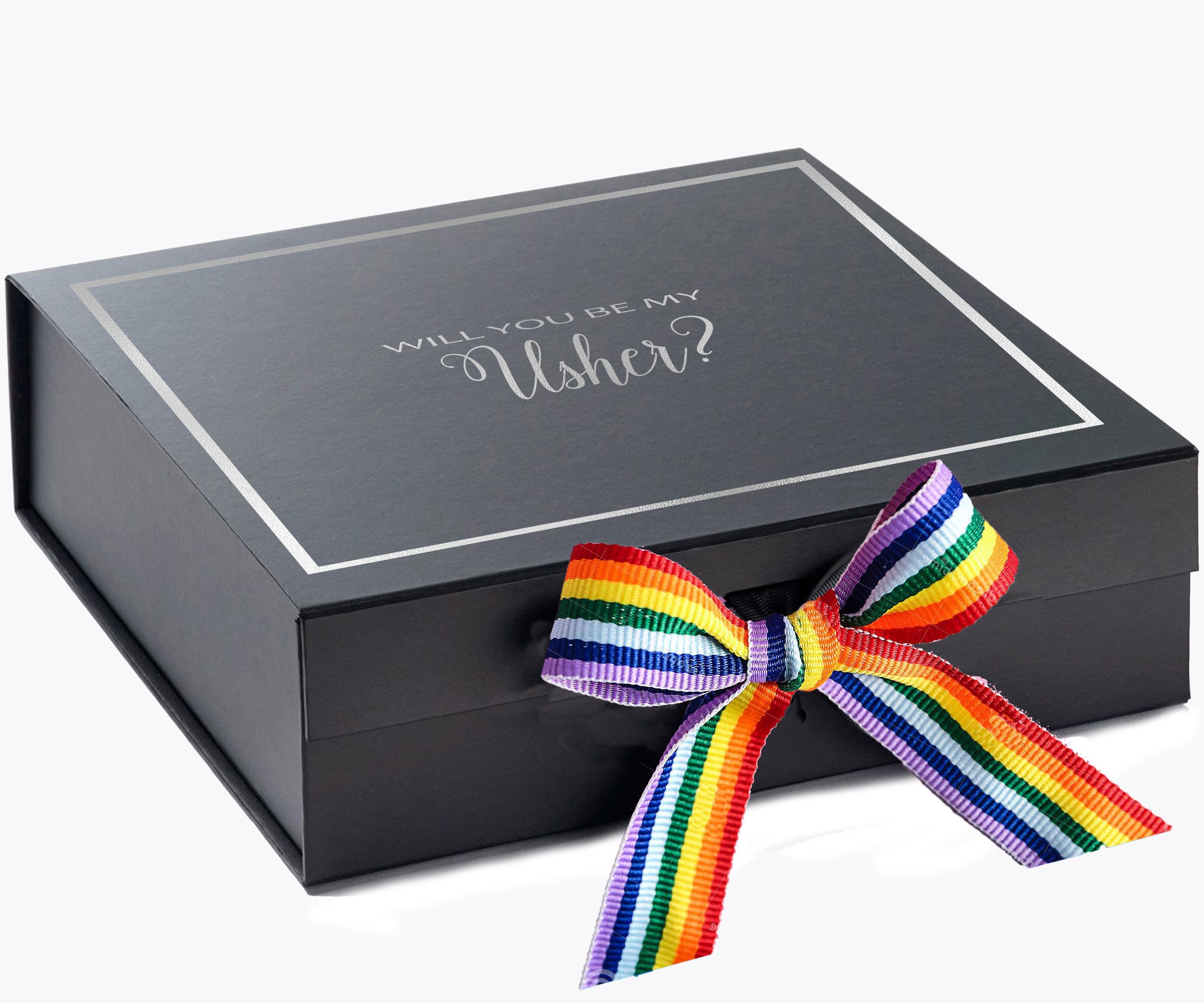 Black proposal box with metallic writing and rainbow ribbon, perfect for asking someone to be your usher.