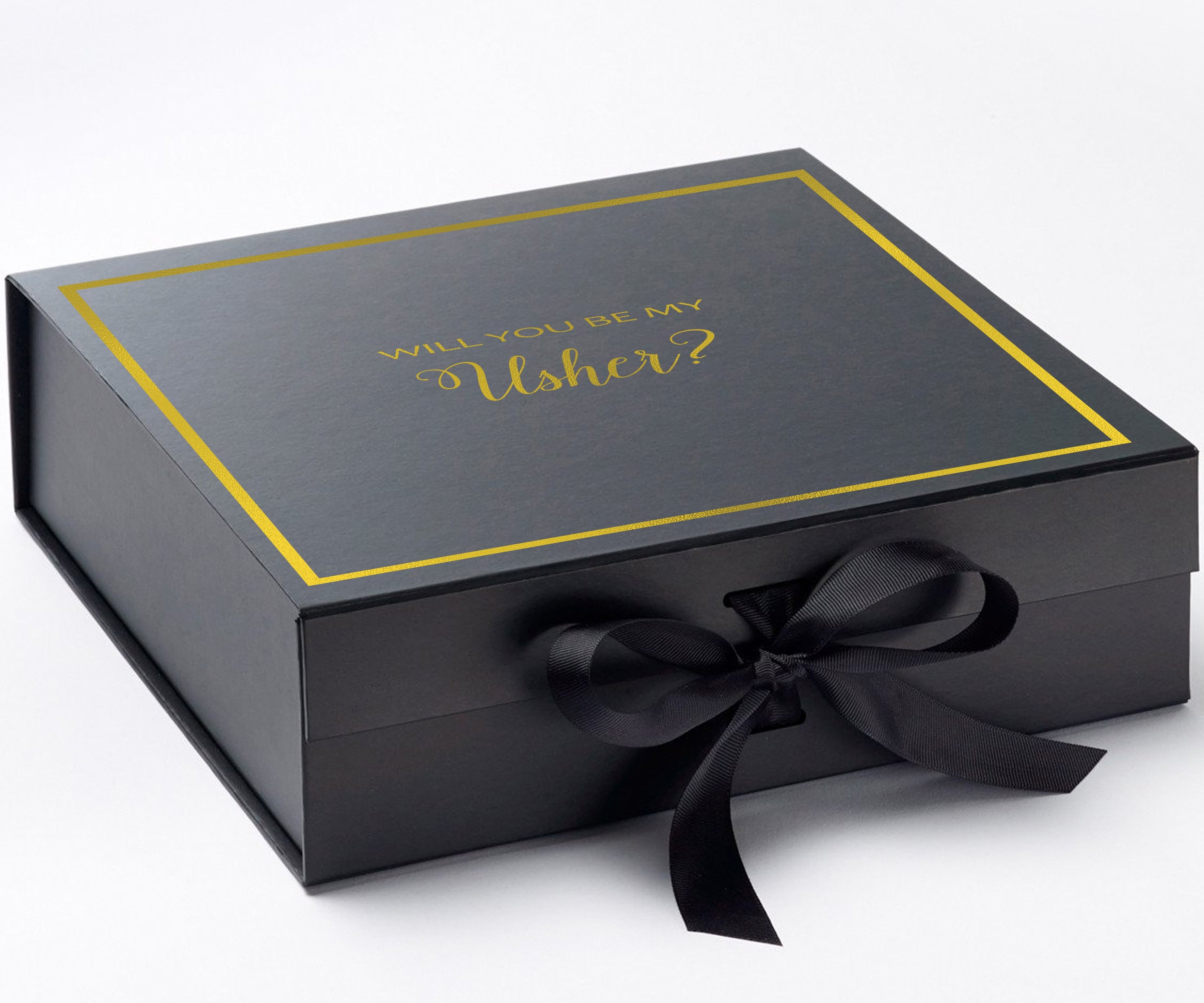 Black proposal box with metallic writing, featuring a black bow and elegant design.