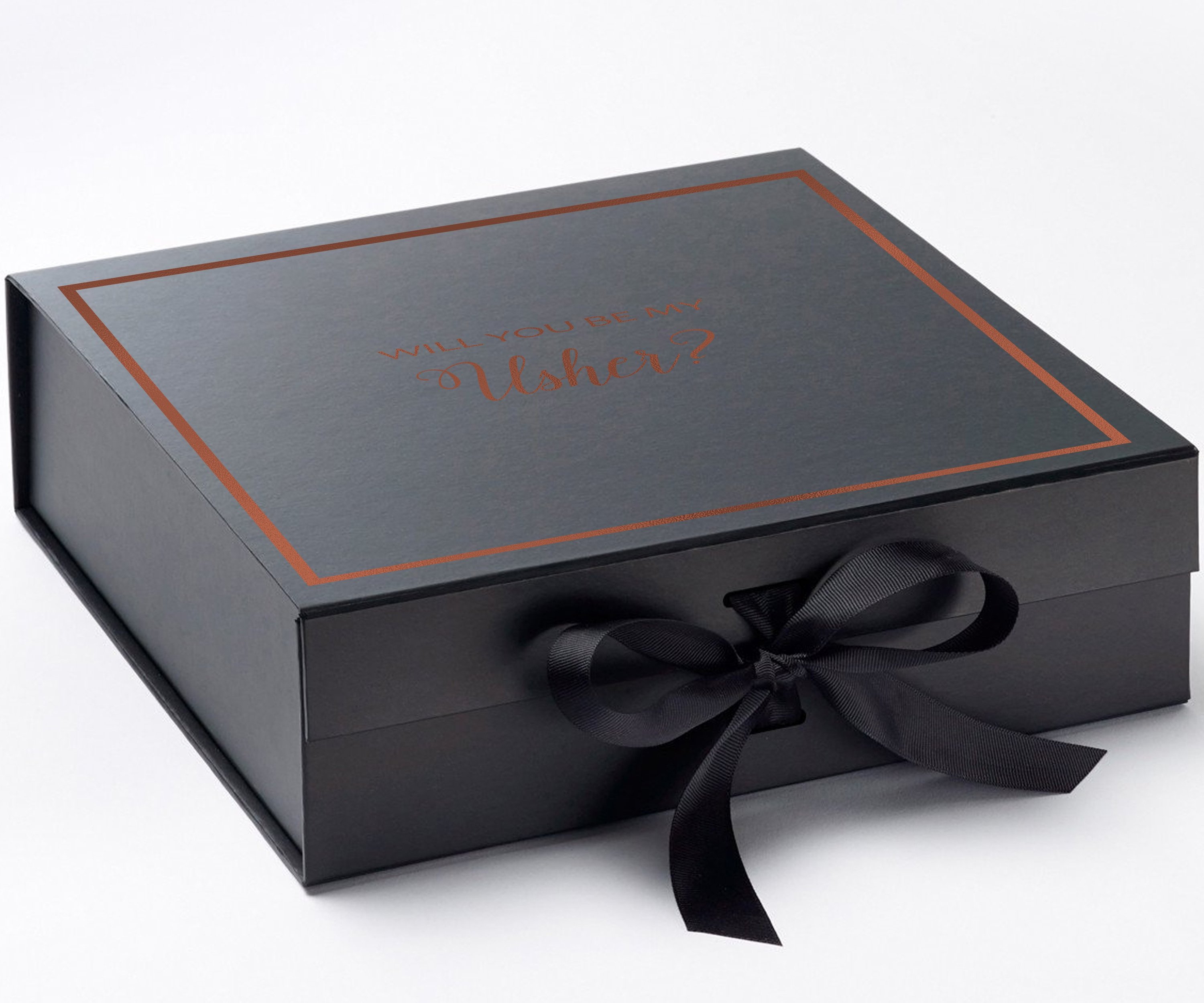 Black proposal box with metallic writing, featuring a black bow and elegant design.