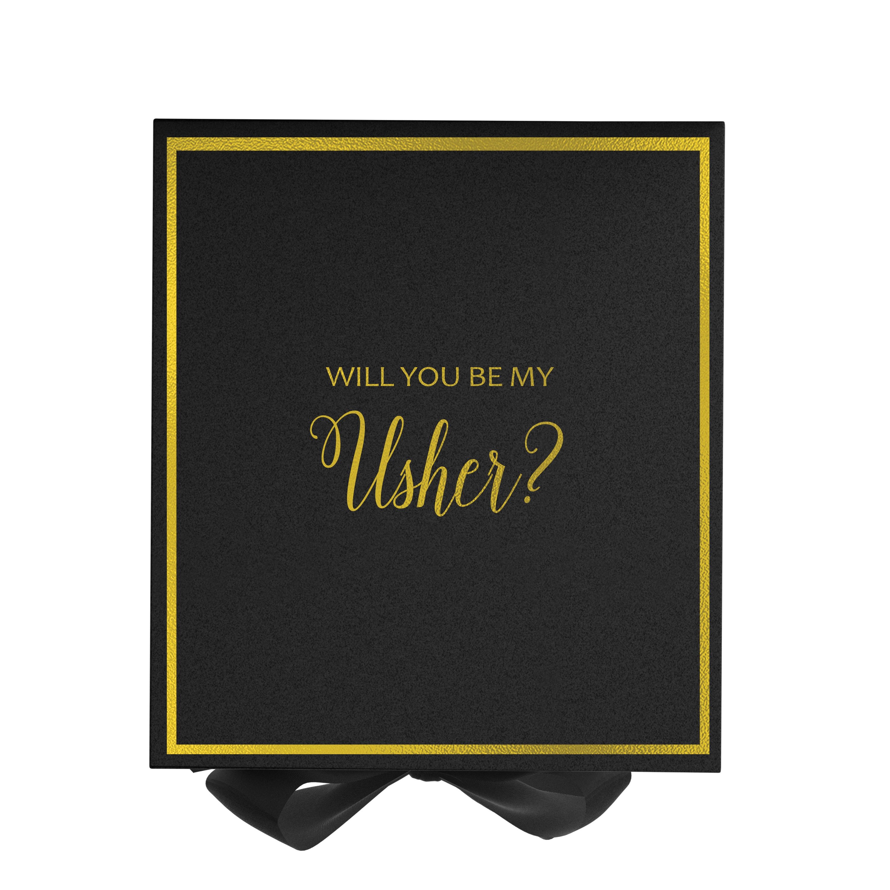 Black proposal box with metallic writing, featuring a black bow and elegant design.