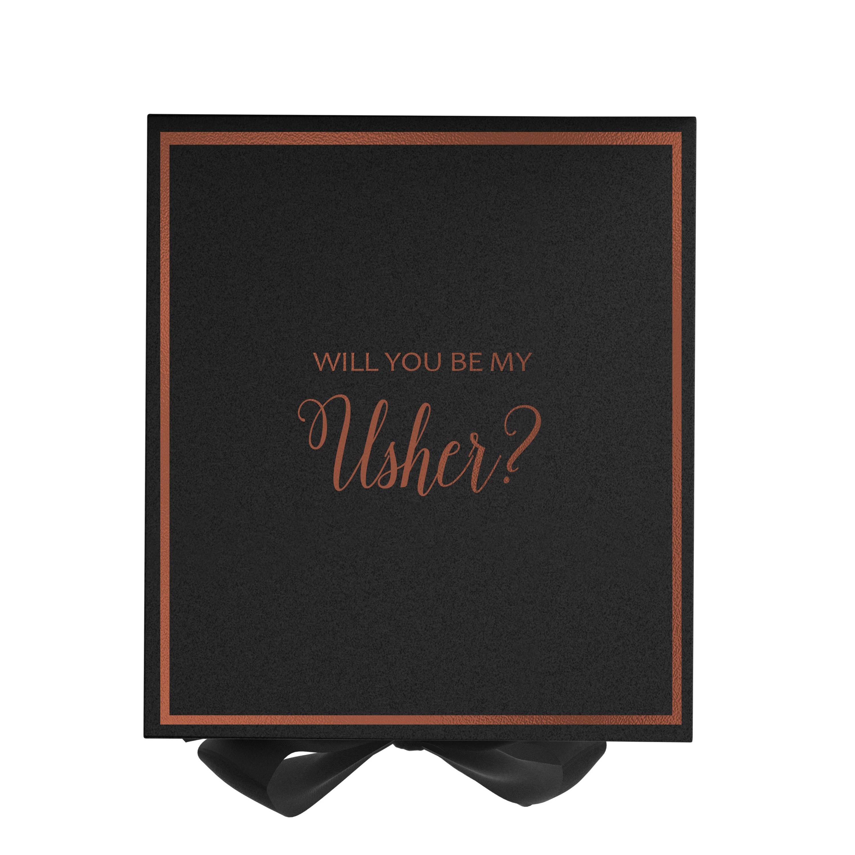 Black proposal box with metallic writing, featuring a black bow and elegant design.