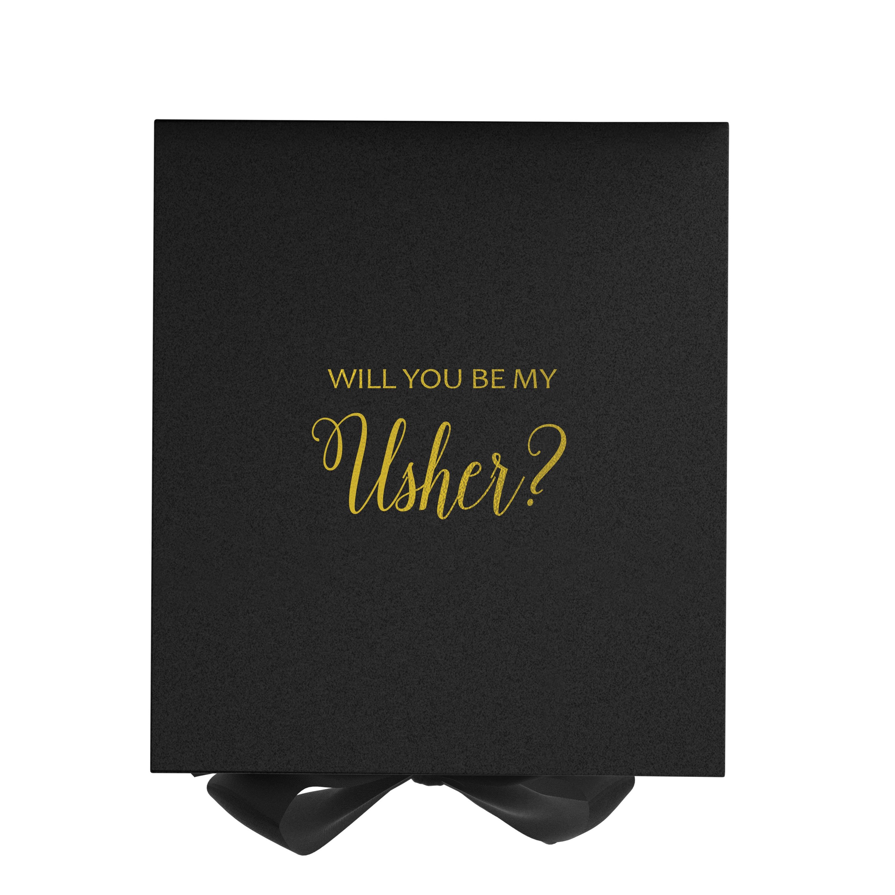 Elegant black proposal box with metallic writing and black bow, showcasing a luxurious design.