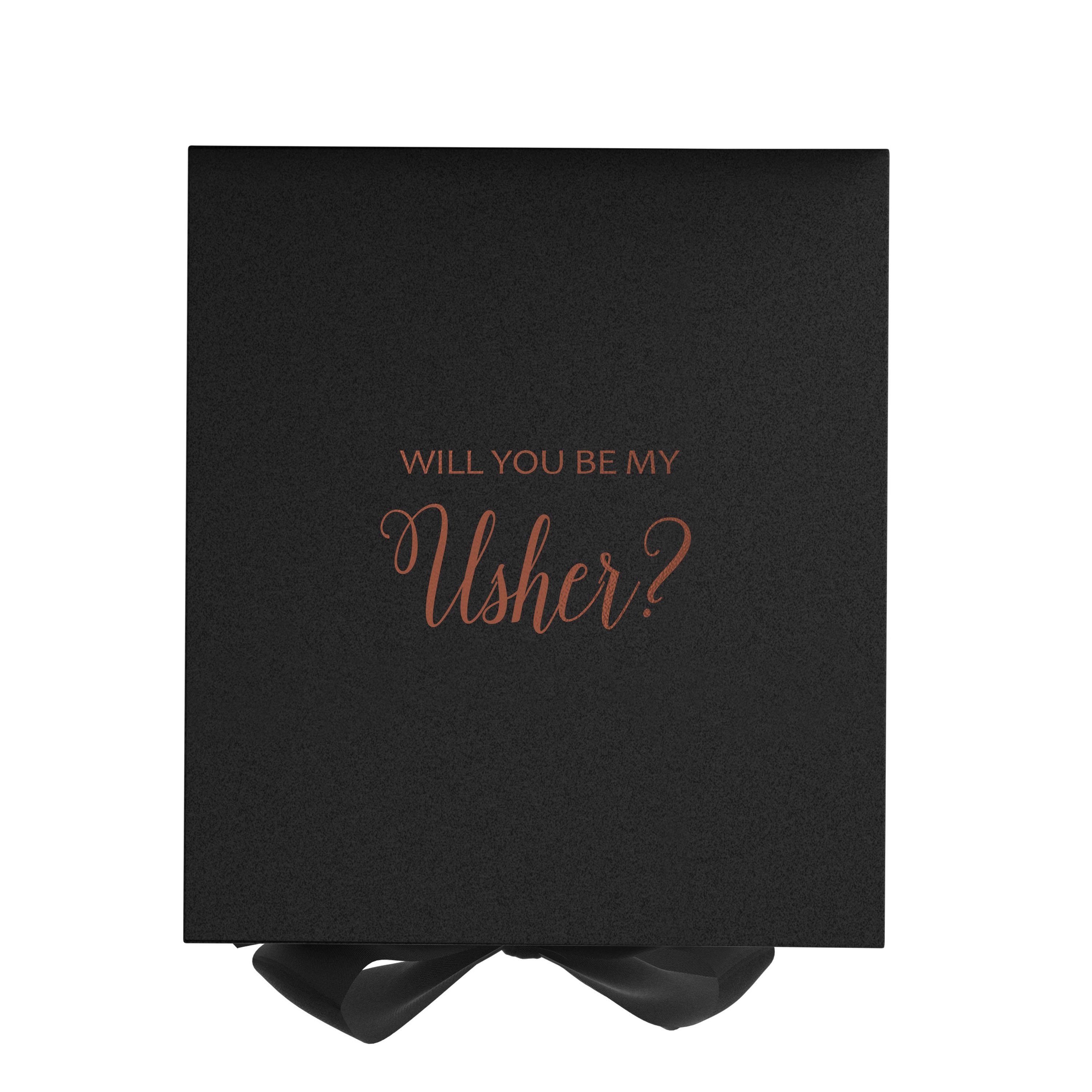 Elegant black proposal box with metallic writing and black bow, showcasing a luxurious design.