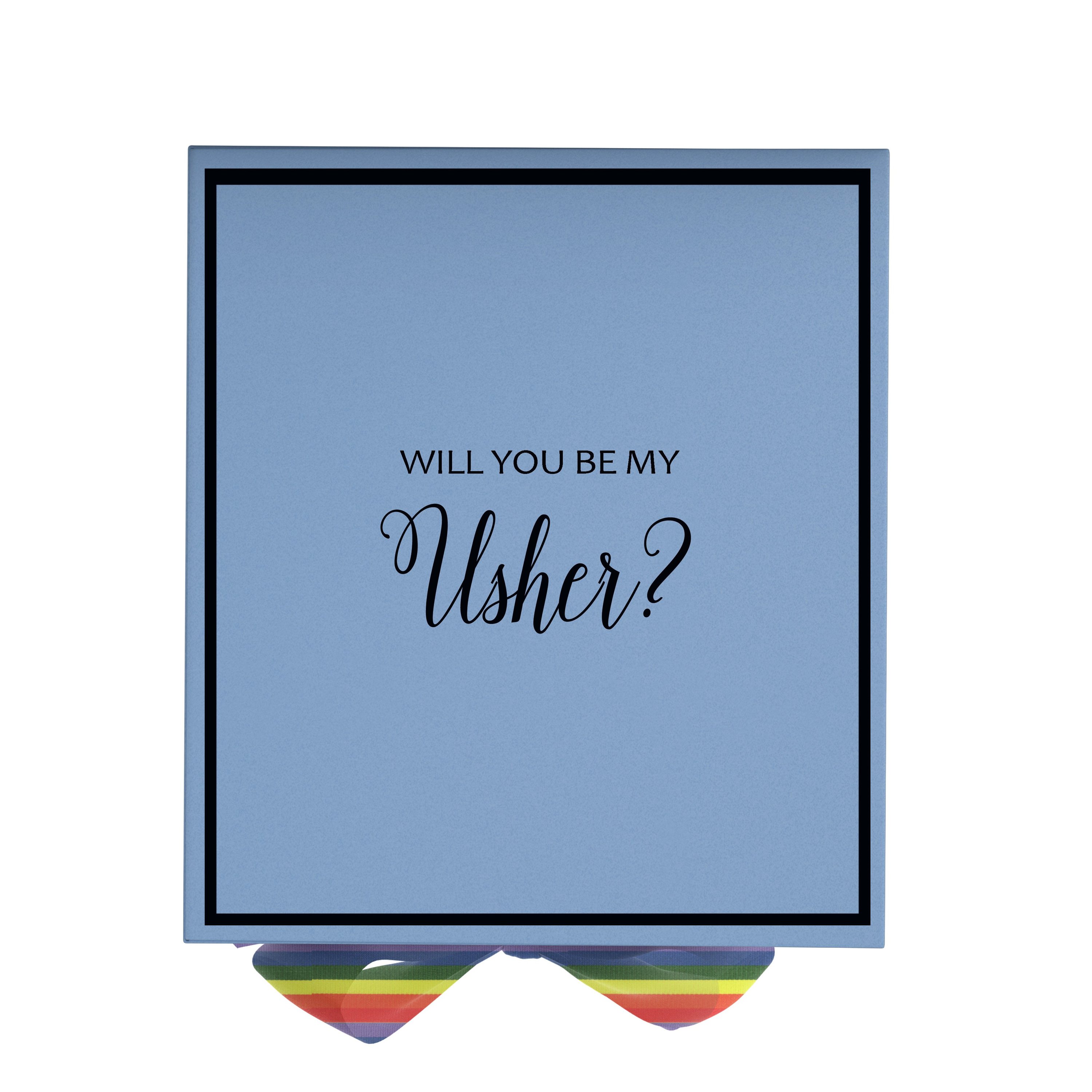 Light blue proposal box with metallic writing and rainbow bow, perfect for asking your usher.