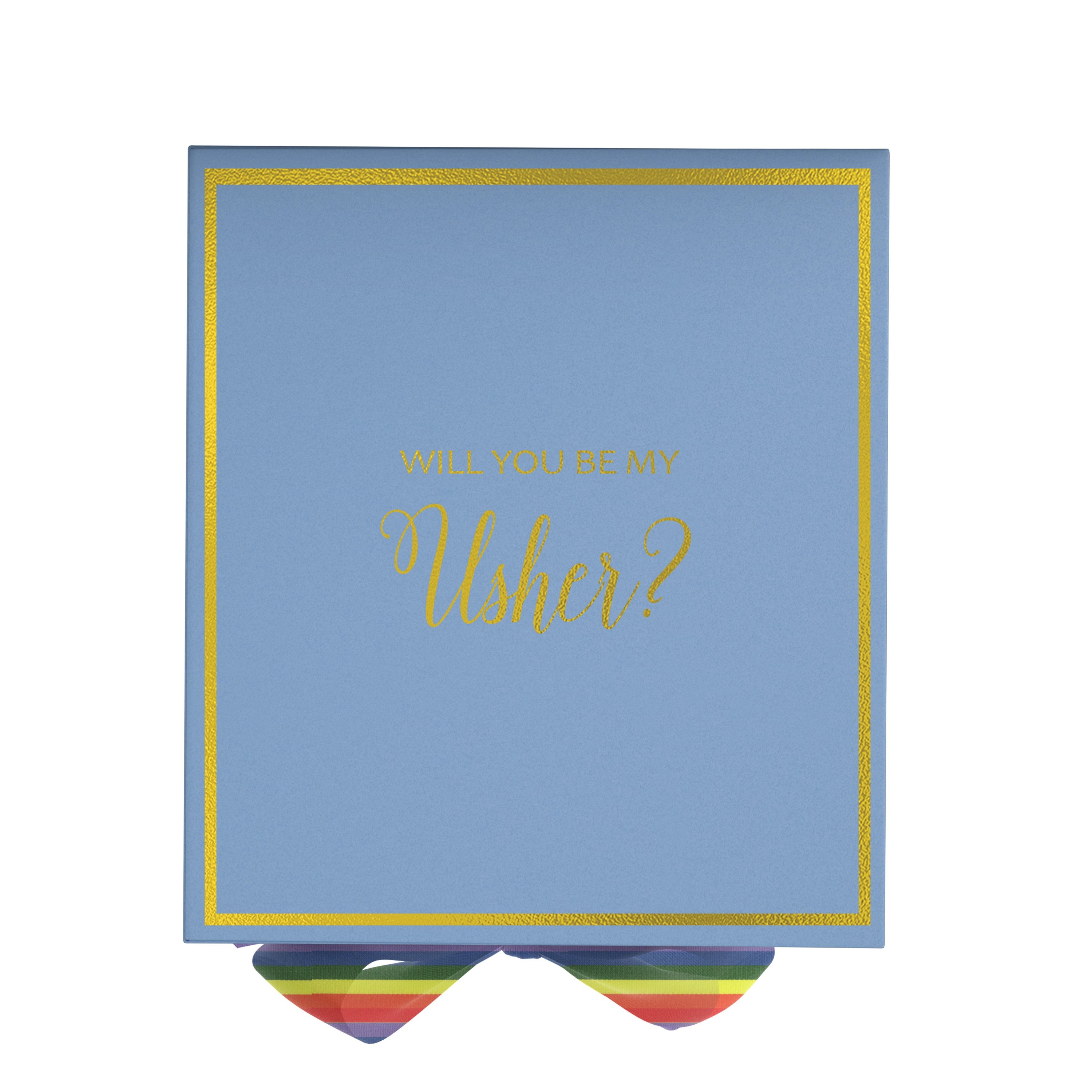 Light blue proposal box with metallic writing and rainbow bow, perfect for asking your usher.