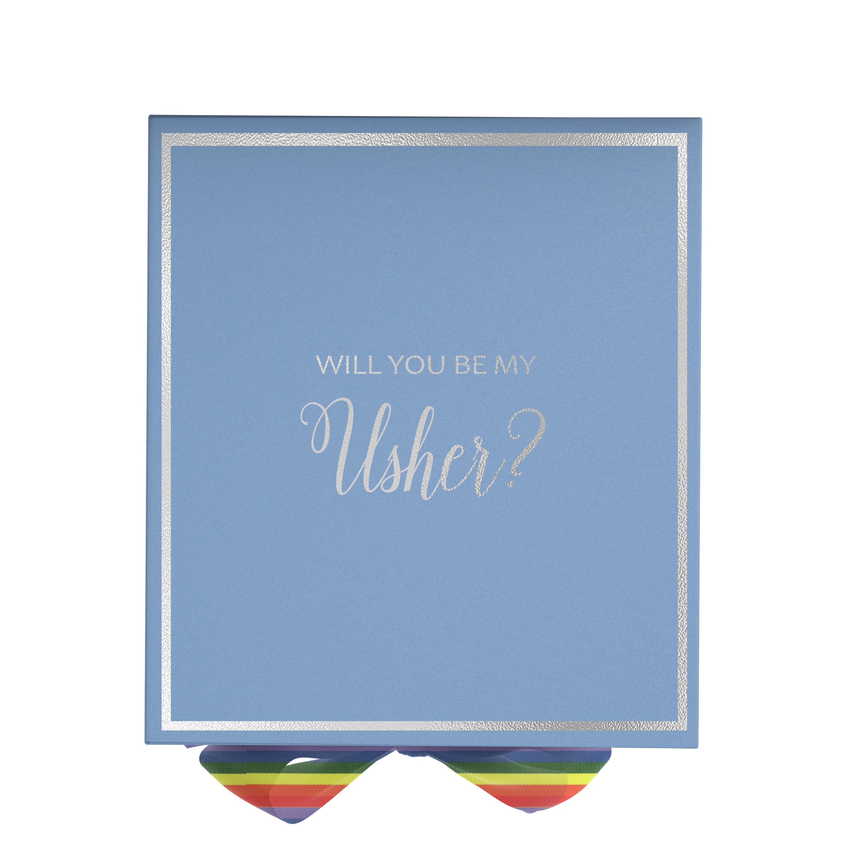 Light blue proposal box with metallic writing and rainbow bow, perfect for asking your usher.