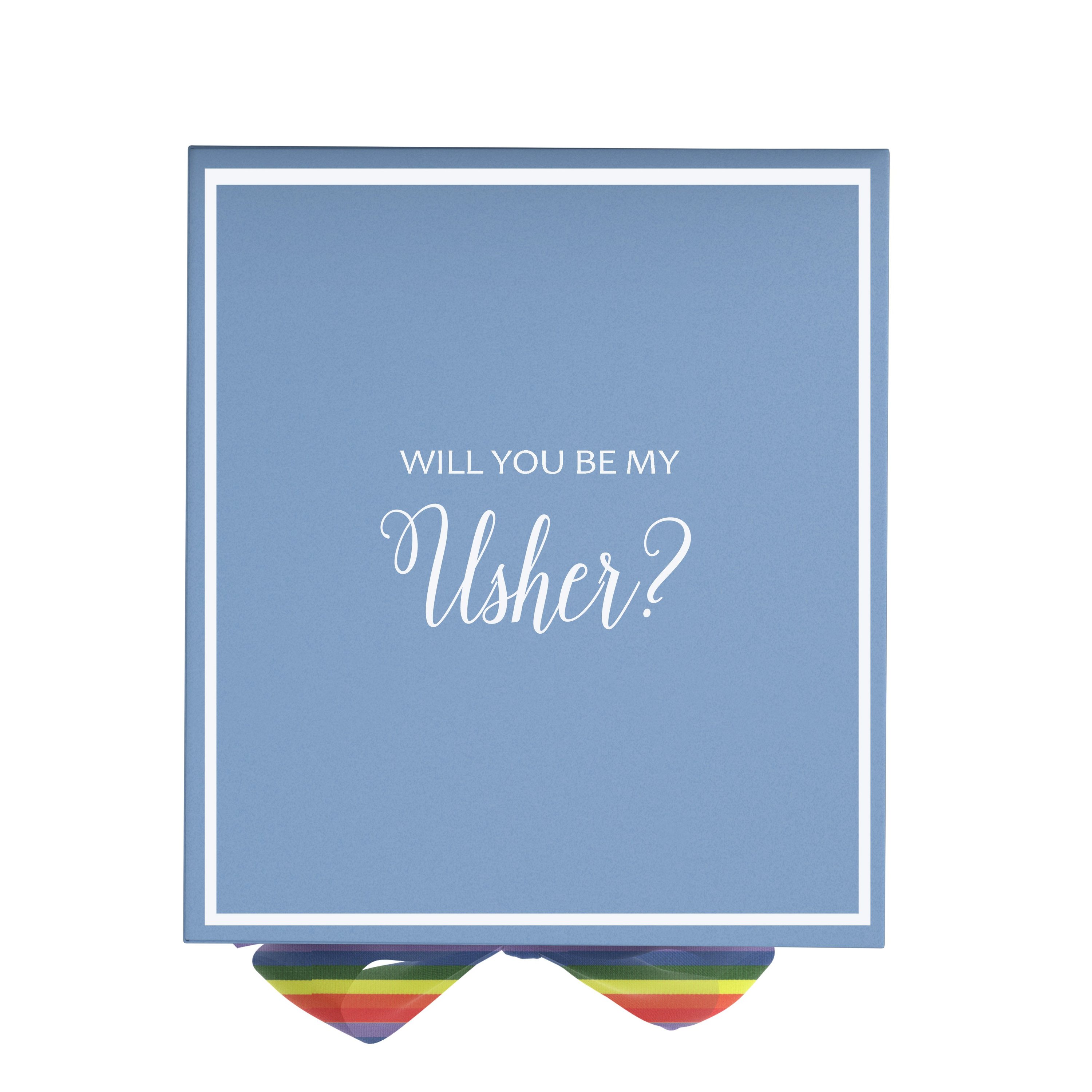 Light blue proposal box with metallic writing and rainbow bow, perfect for asking your usher.