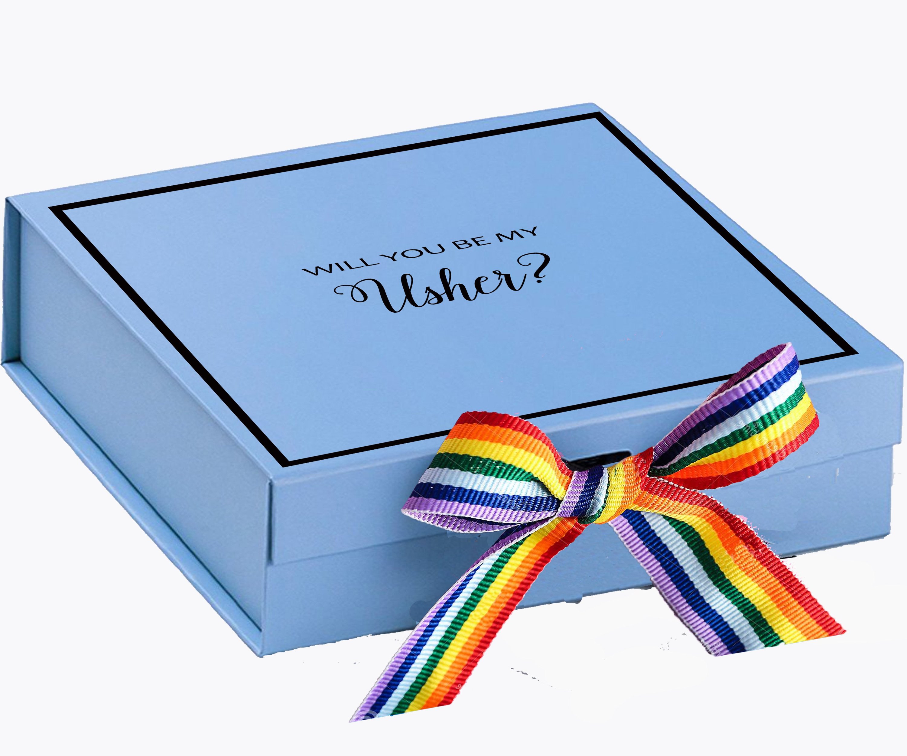 Light blue proposal box with metallic writing and rainbow bow, perfect for asking your usher.