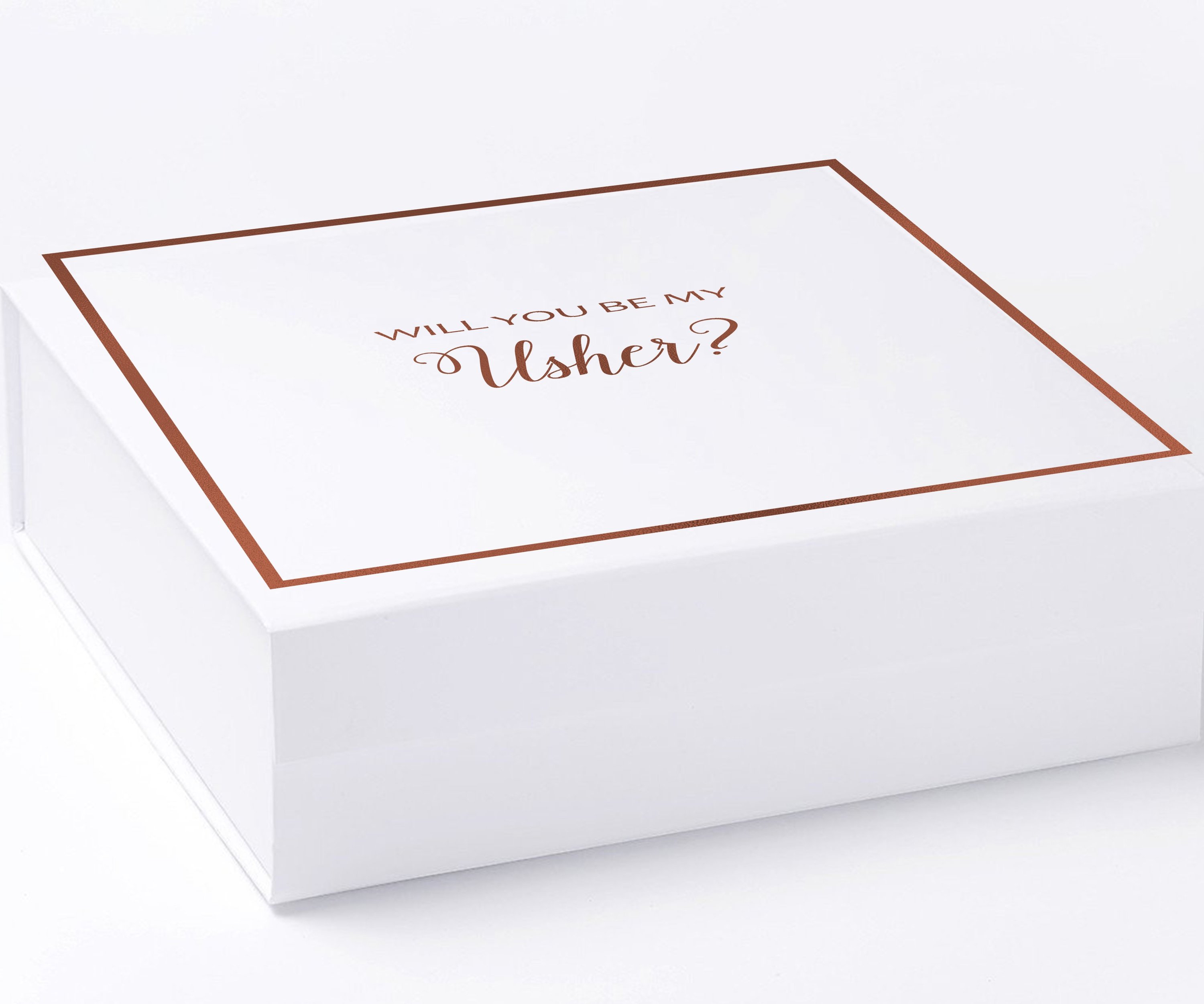 Elegant white proposal box with metallic writing, designed for asking someone to be an usher, featuring a sleek finish and magnetic closure.