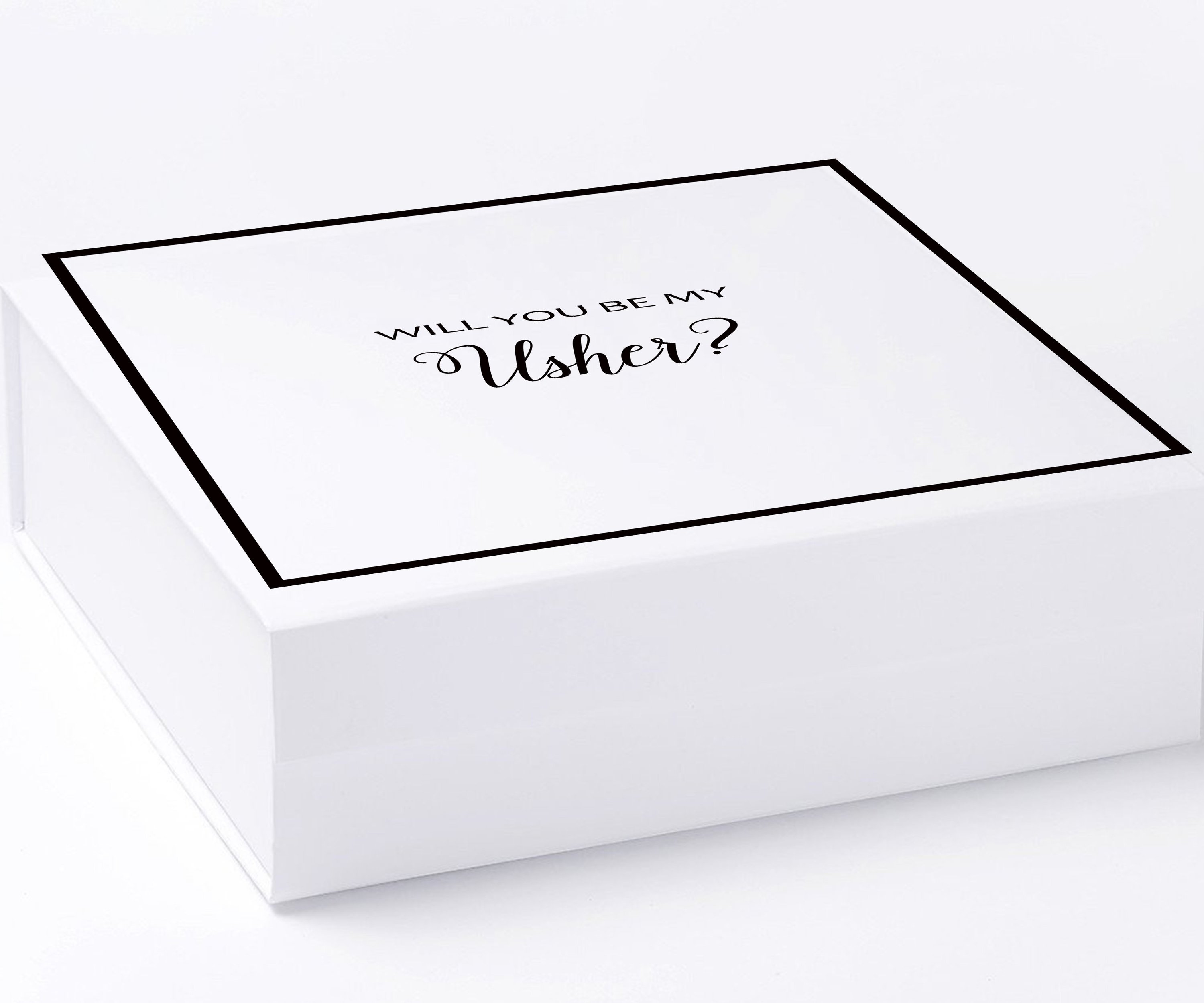 Elegant white proposal box with metallic writing, designed for asking someone to be an usher, featuring a sleek finish and magnetic closure.