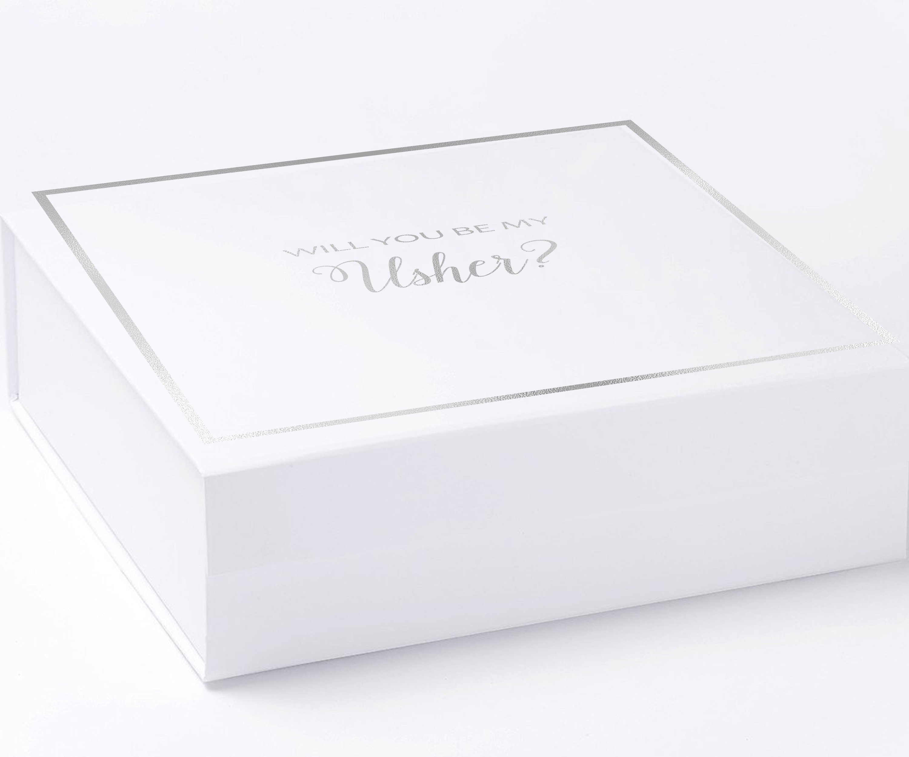 Elegant white proposal box with metallic writing, designed for asking someone to be an usher, featuring a sleek finish and magnetic closure.