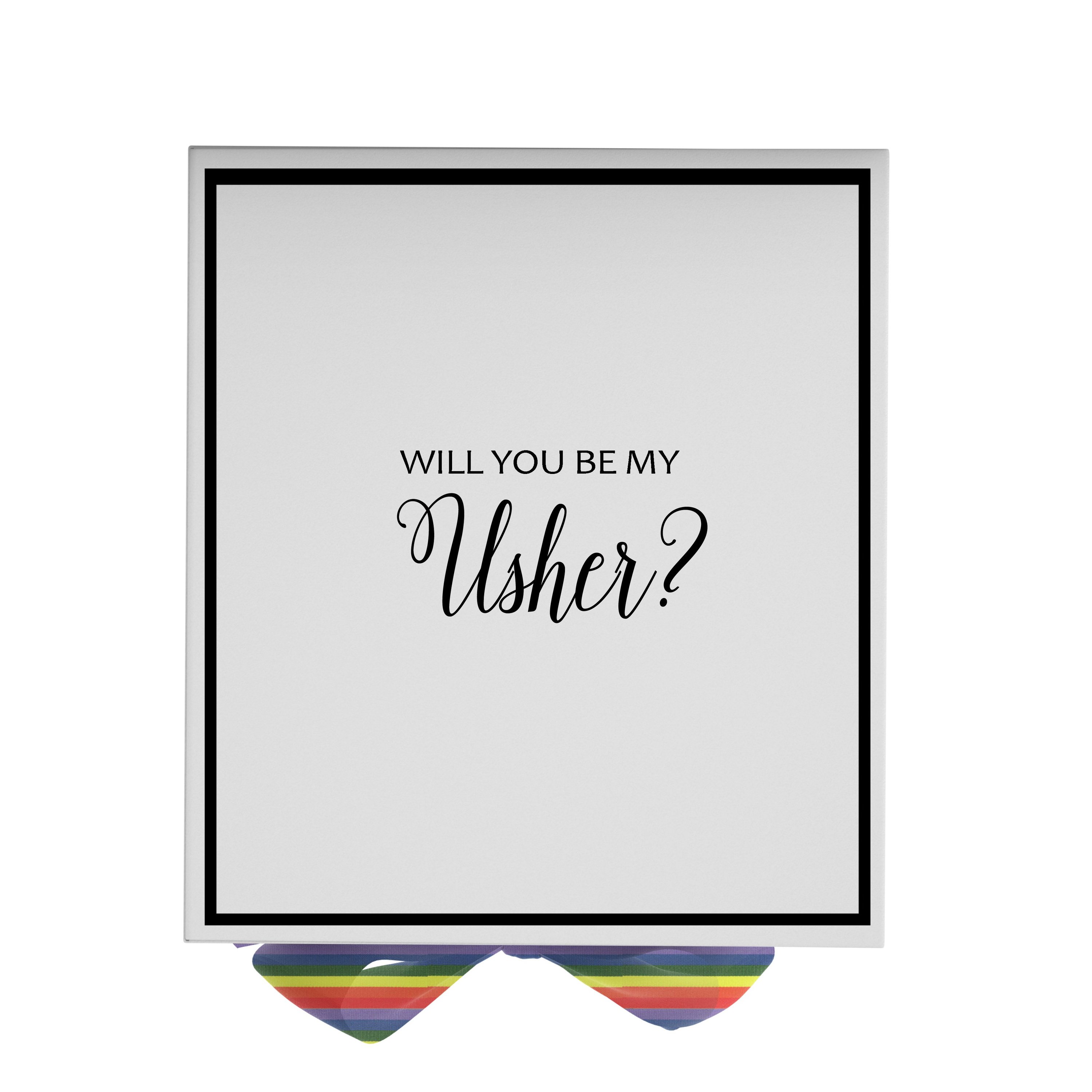 Elegant white proposal box with metallic writing and a colorful rainbow ribbon, perfect for asking someone to be your Usher.