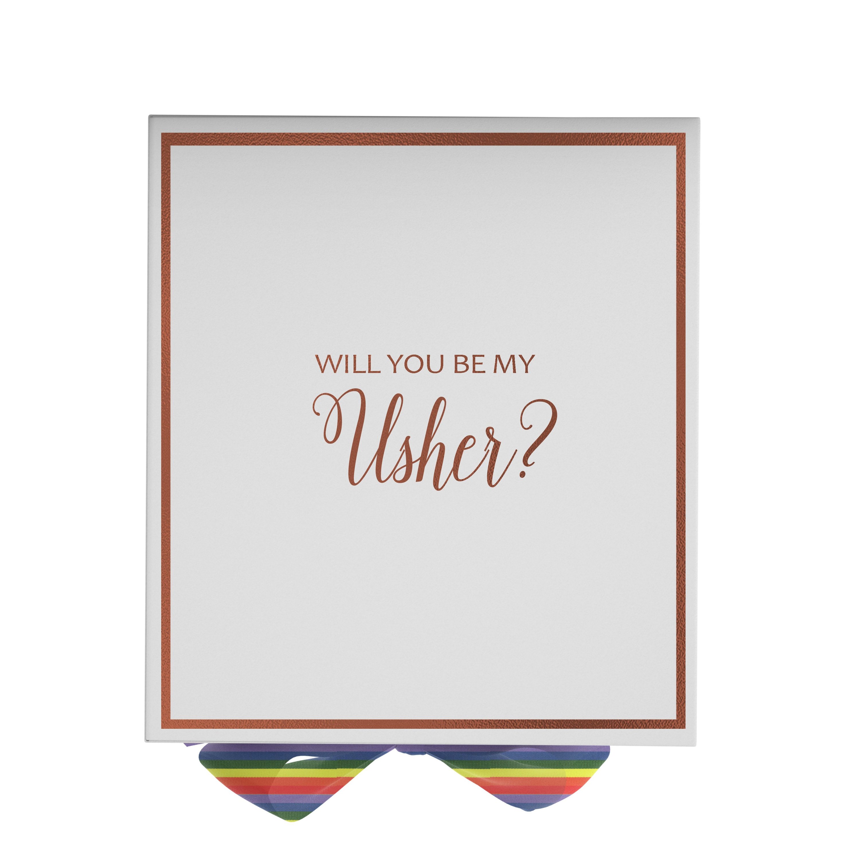 Elegant white proposal box with metallic writing and a colorful rainbow ribbon, perfect for asking someone to be your Usher.