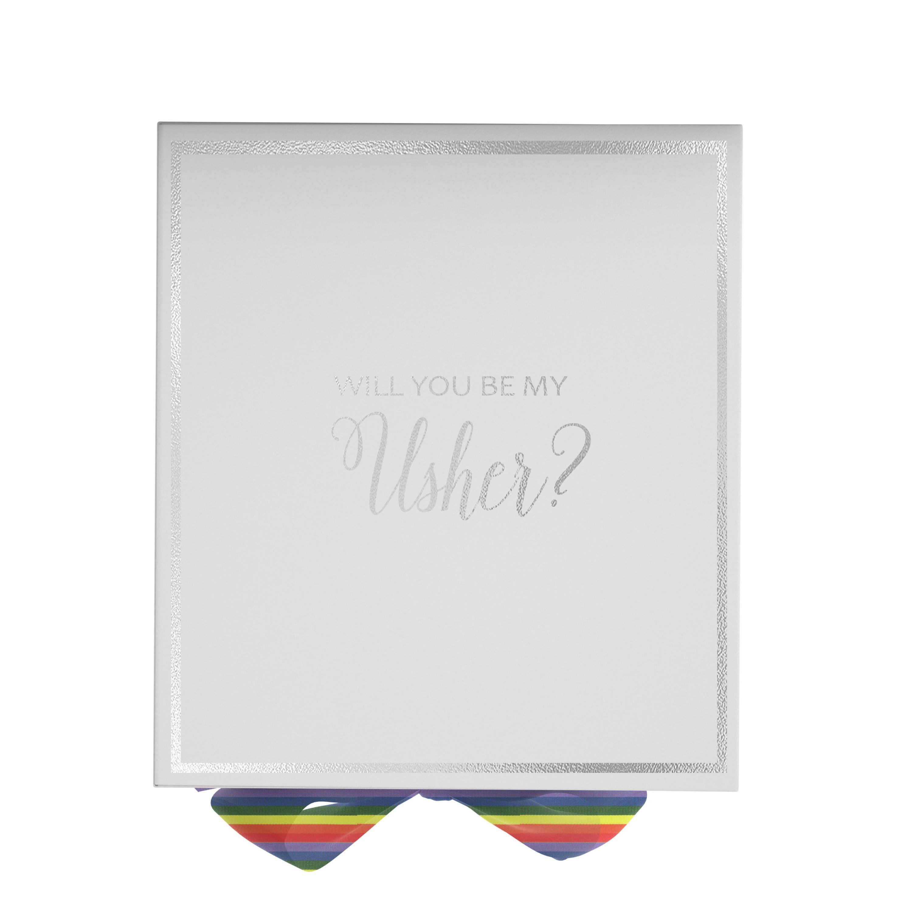 Elegant white proposal box with metallic writing and a colorful rainbow ribbon, perfect for asking someone to be your Usher.