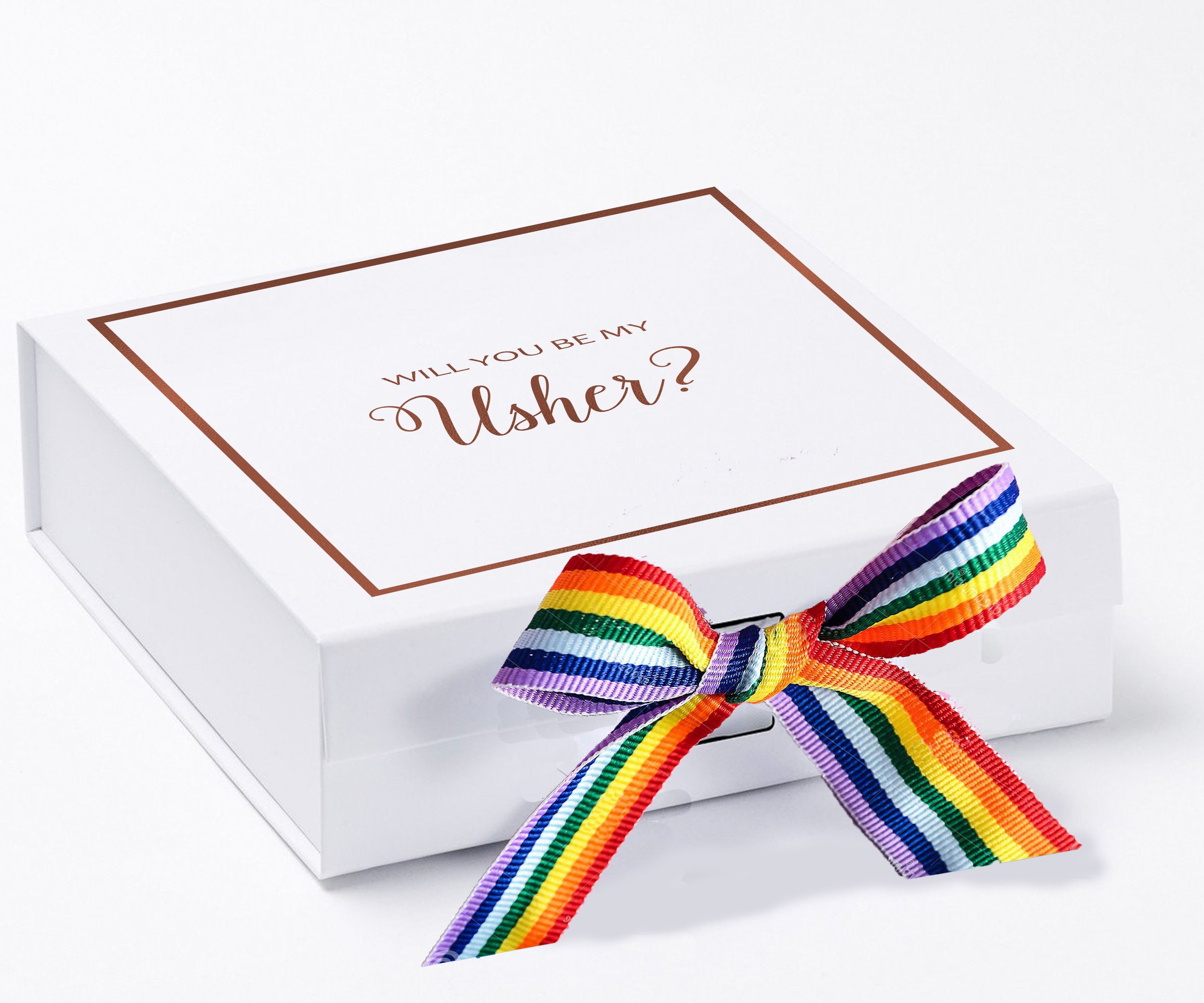 Elegant white proposal box with metallic writing and a colorful rainbow ribbon, perfect for asking someone to be your Usher.