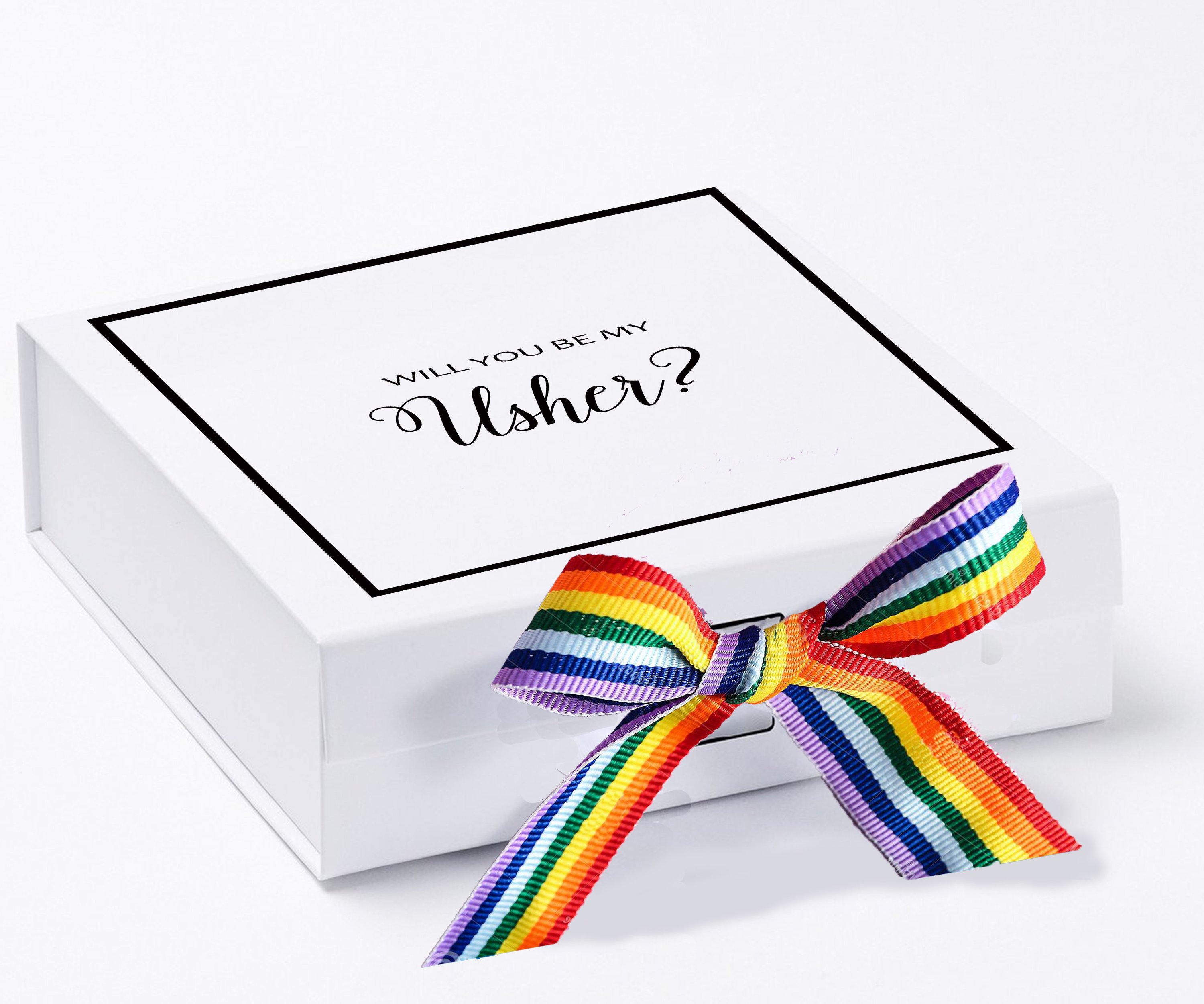 Elegant white proposal box with metallic writing and a colorful rainbow ribbon, perfect for asking someone to be your Usher.