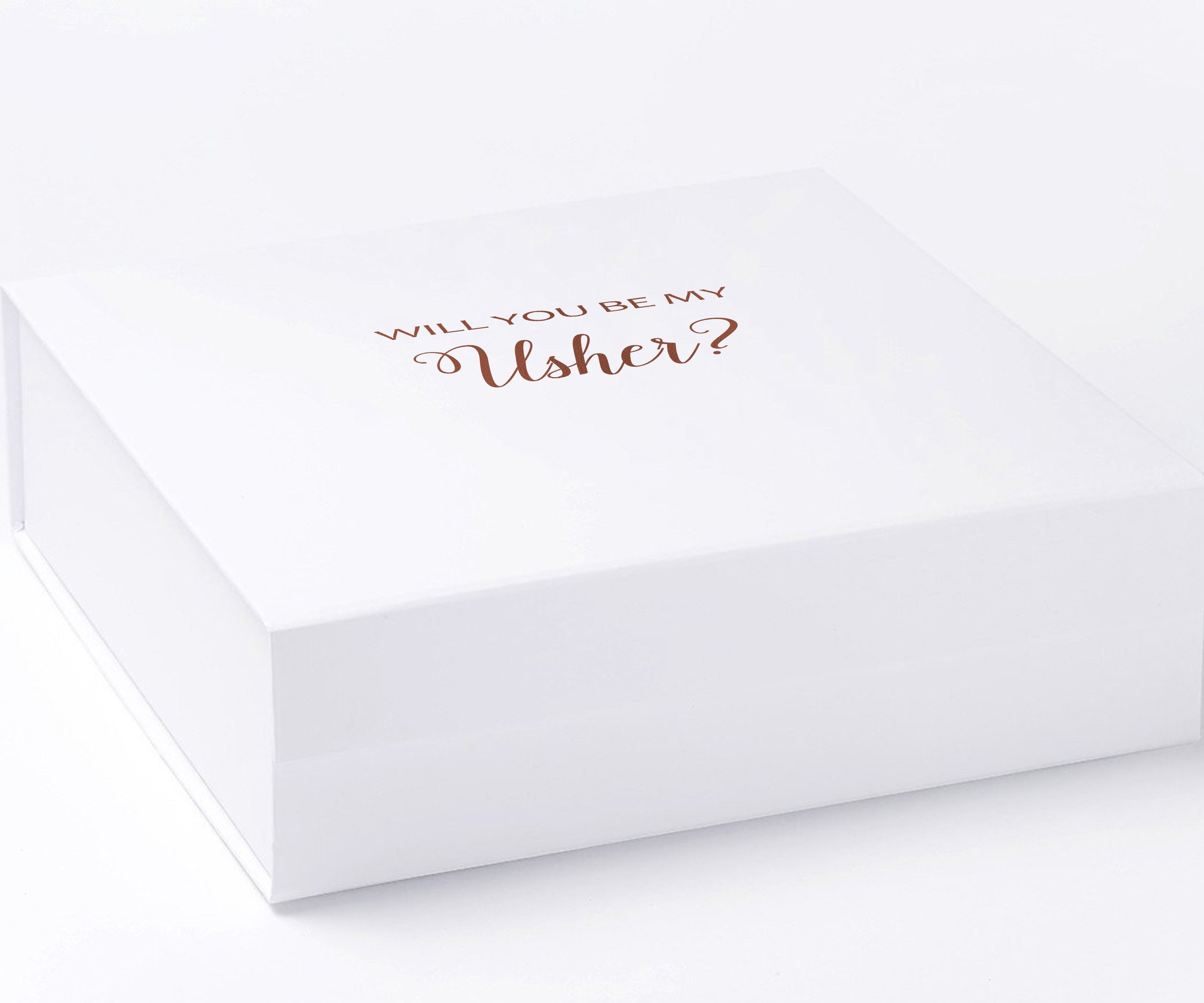 White proposal box with metallic writing on the lid, featuring a minimalist design without borders or ribbons.