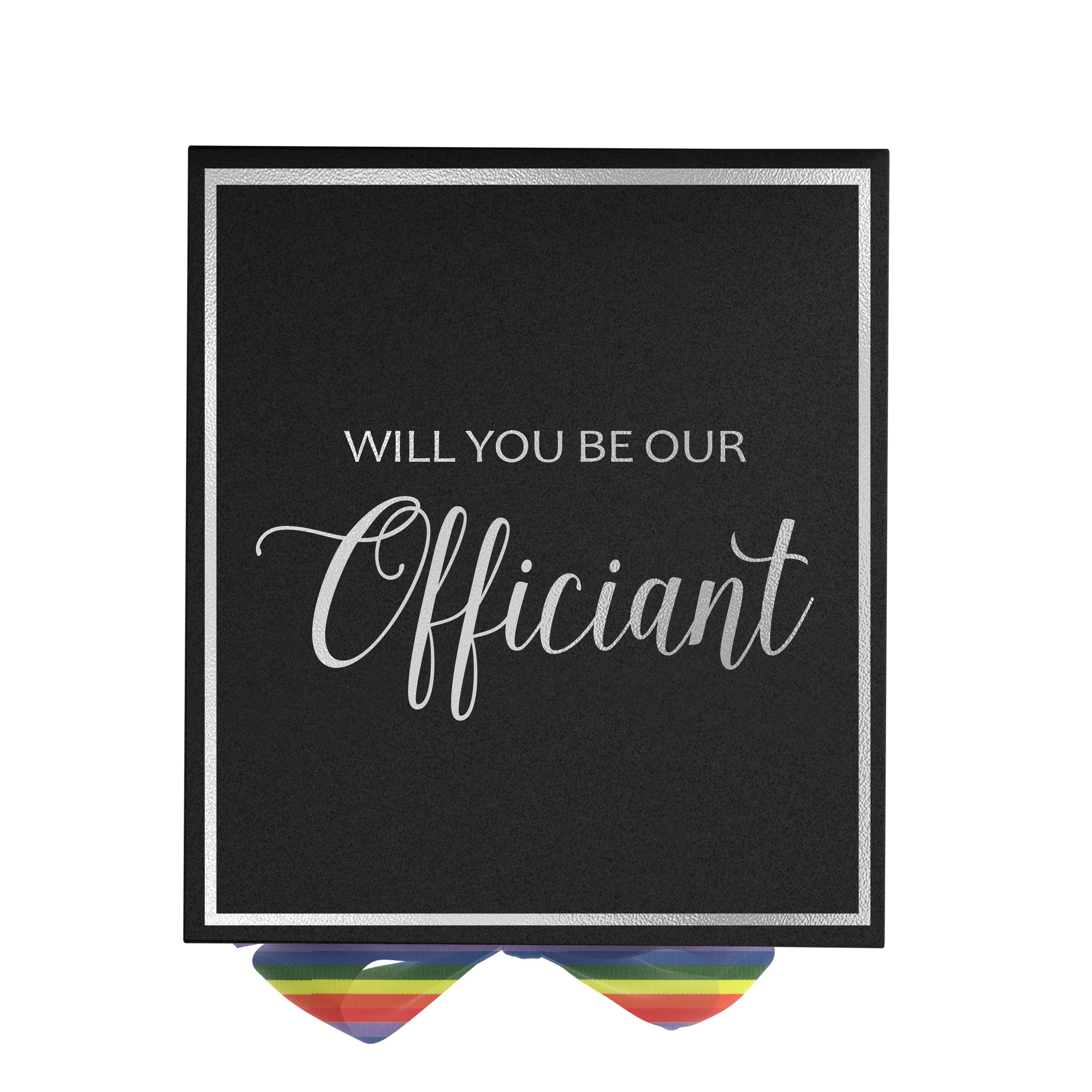 Elegant black proposal box with metallic writing and rainbow bow, perfect for officiant proposals.