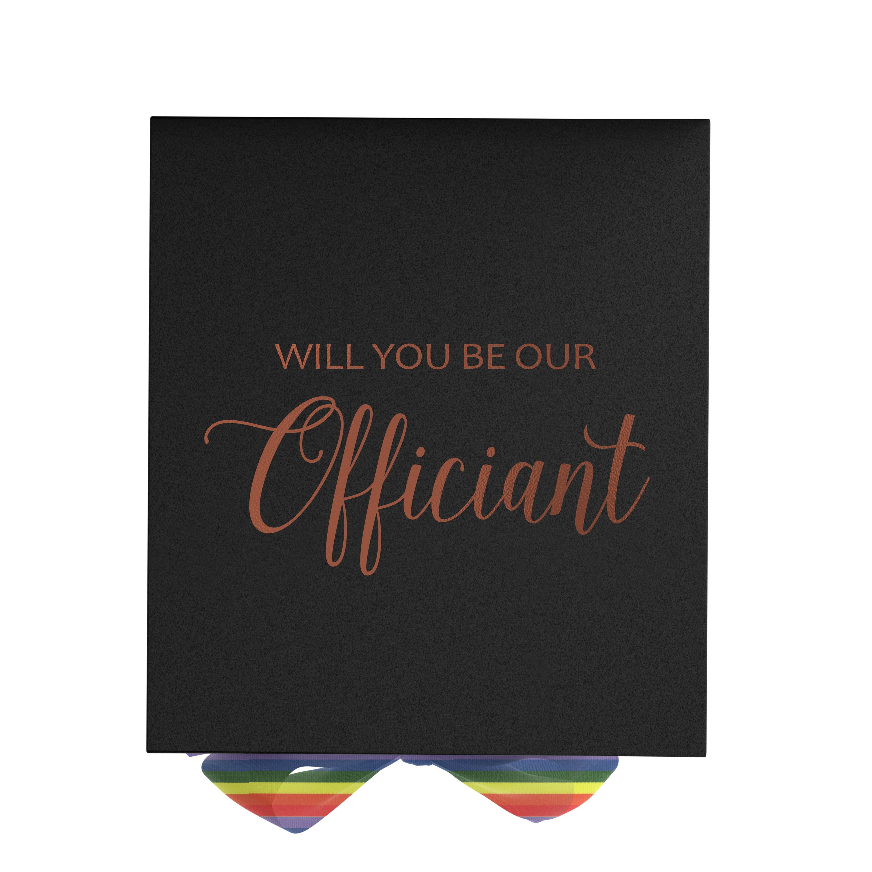 Elegant black proposal box with metallic writing and rainbow bow, perfect for officiant proposals.