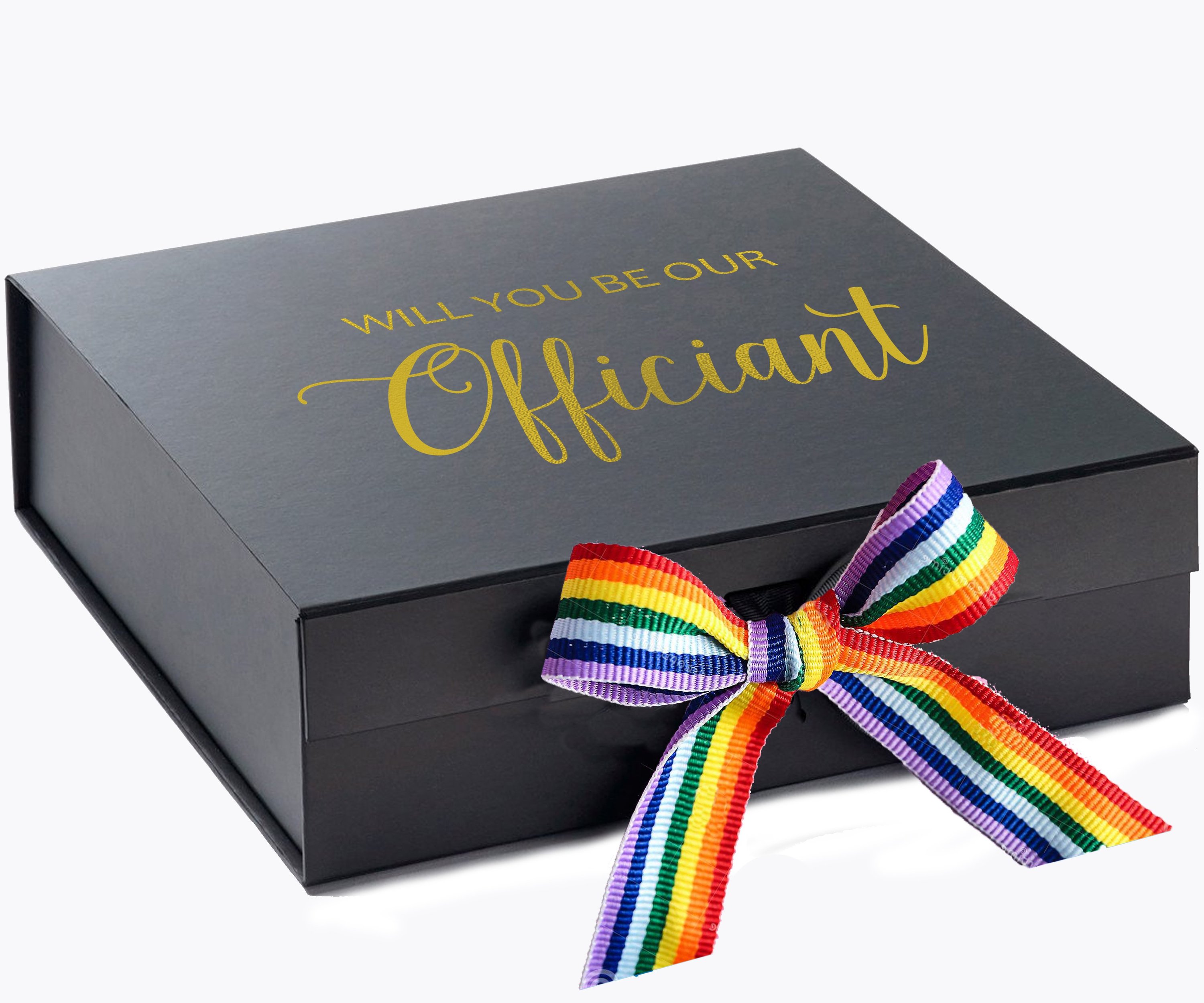 Elegant black proposal box with metallic writing and rainbow bow, perfect for officiant proposals.