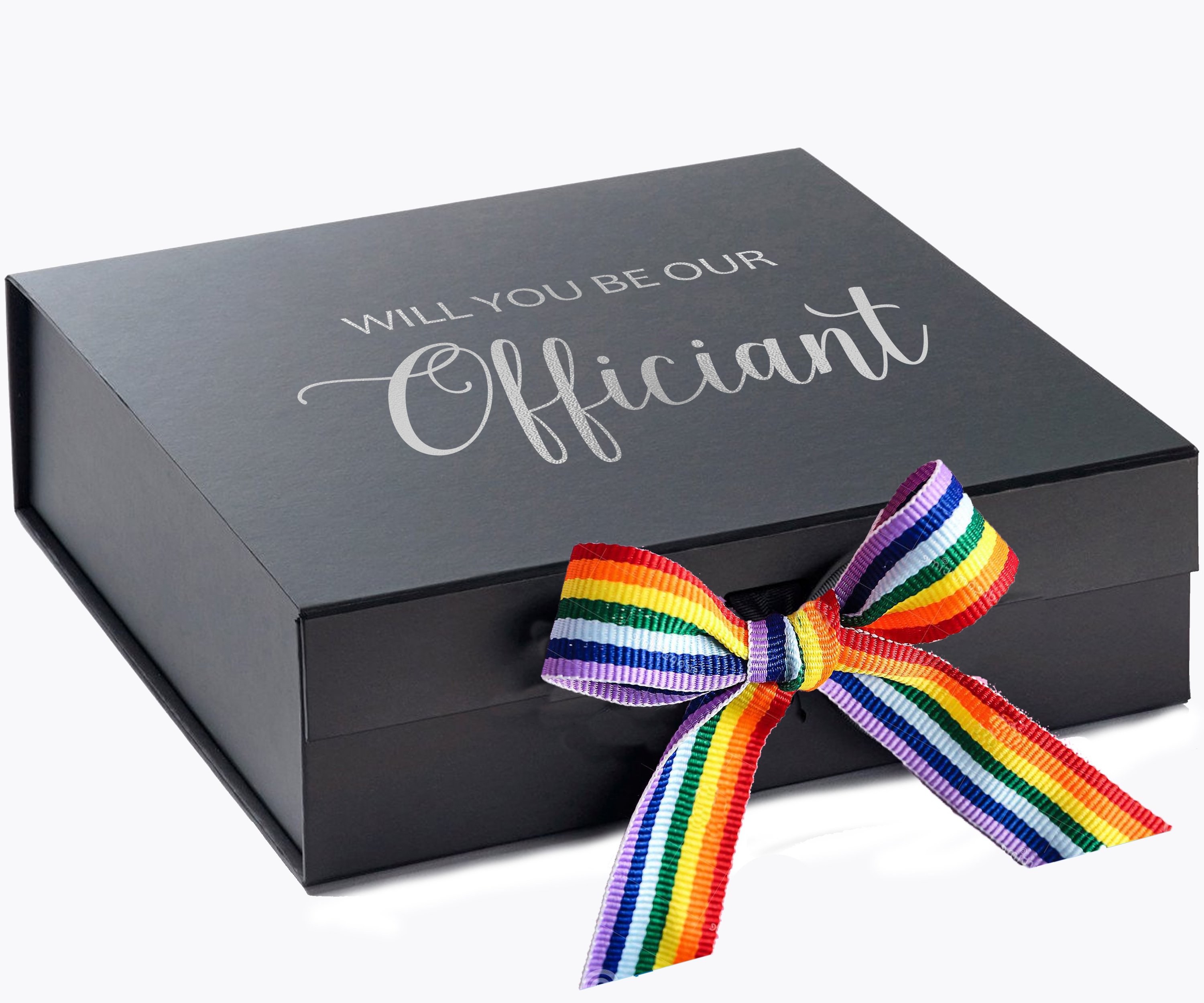 Elegant black proposal box with metallic writing and rainbow bow, perfect for officiant proposals.