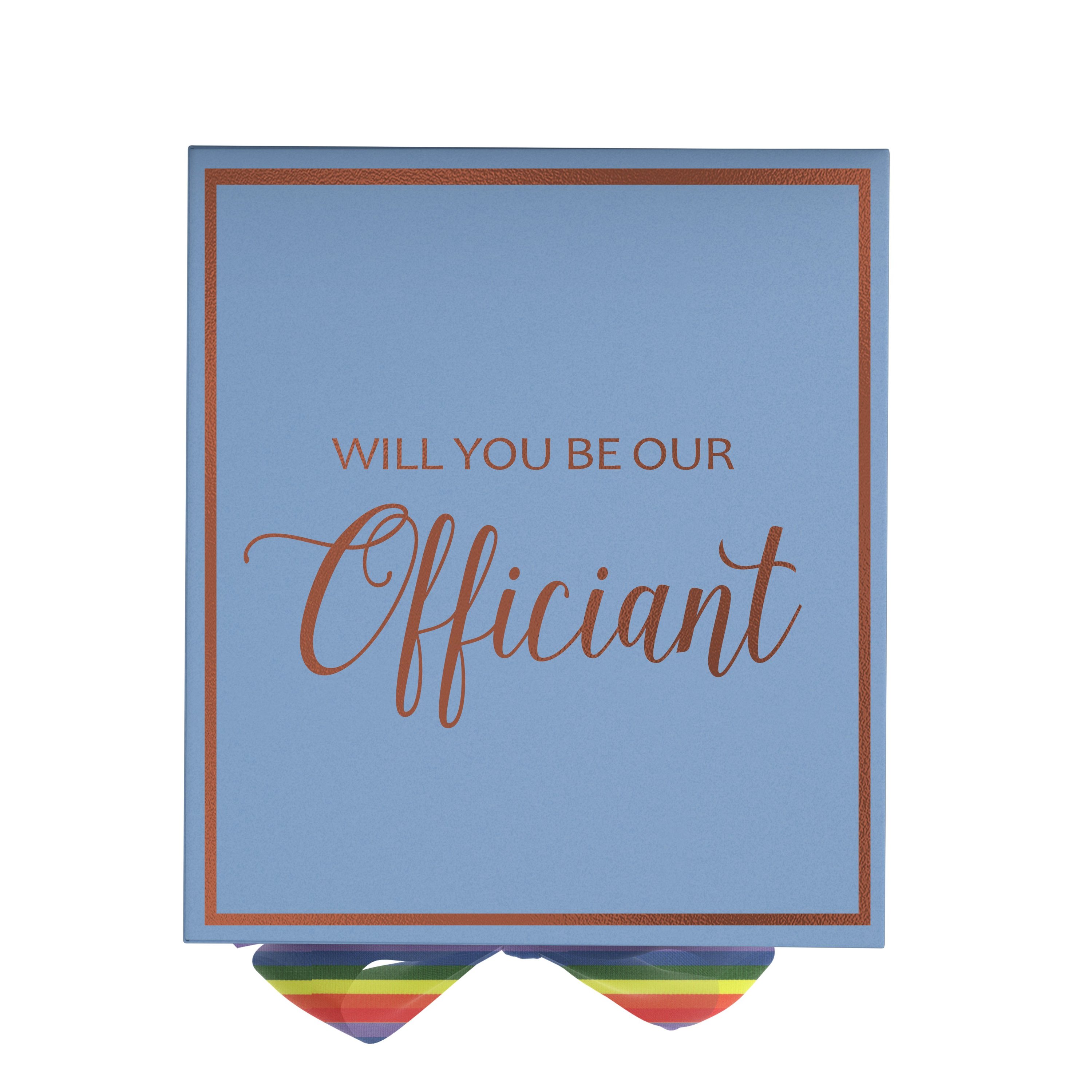 Light blue proposal box with metallic writing and rainbow bow, perfect for officiant proposals.