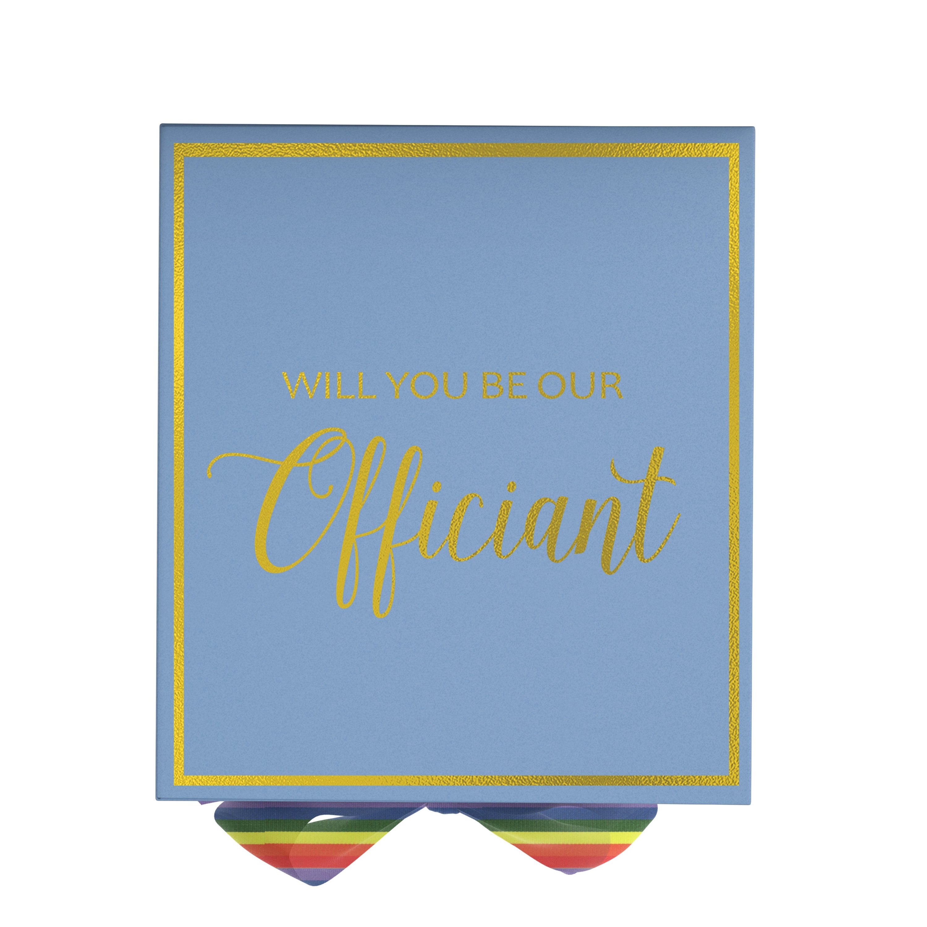 Light blue proposal box with metallic writing and rainbow bow, perfect for officiant proposals.