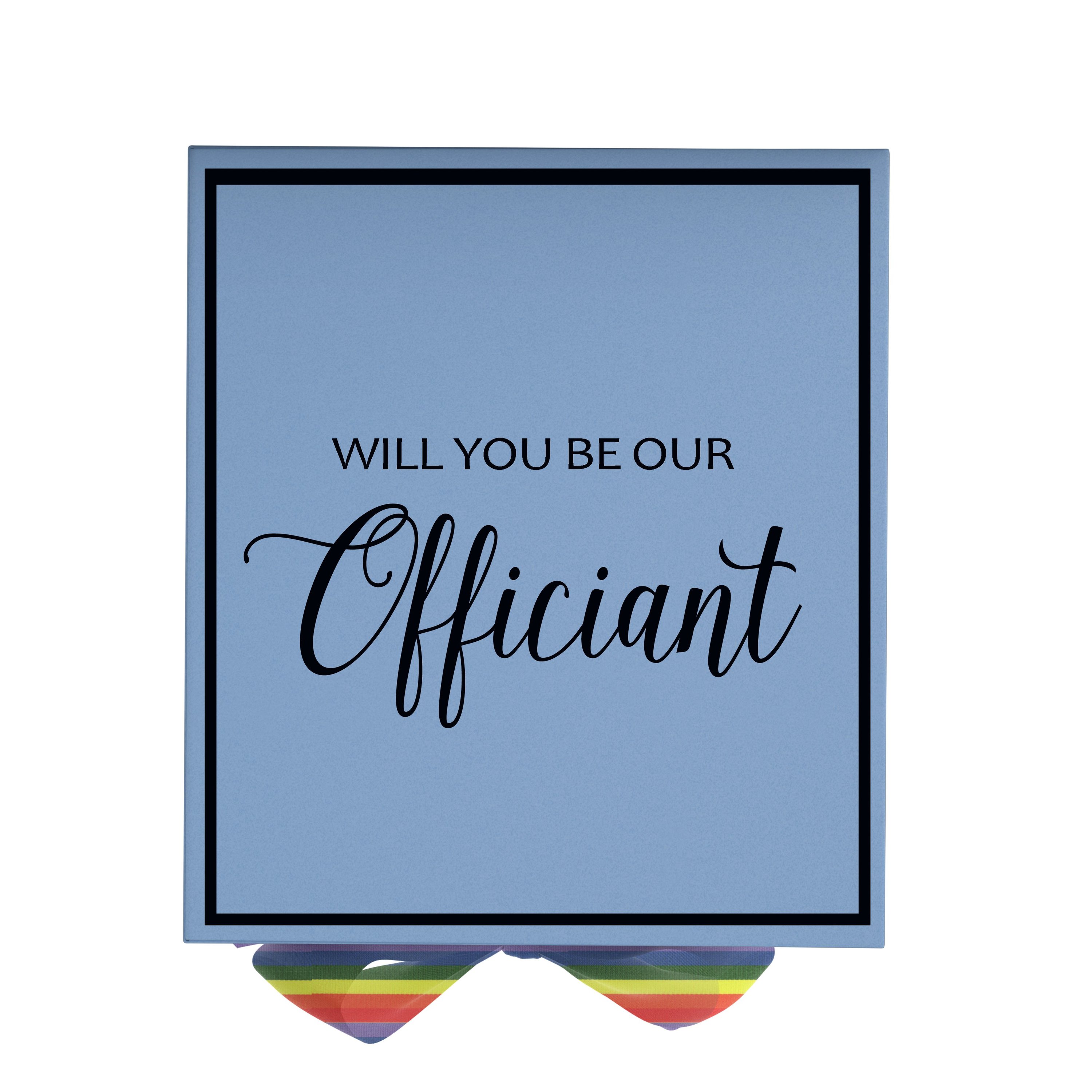 Light blue proposal box with metallic writing and rainbow bow, perfect for officiant proposals.