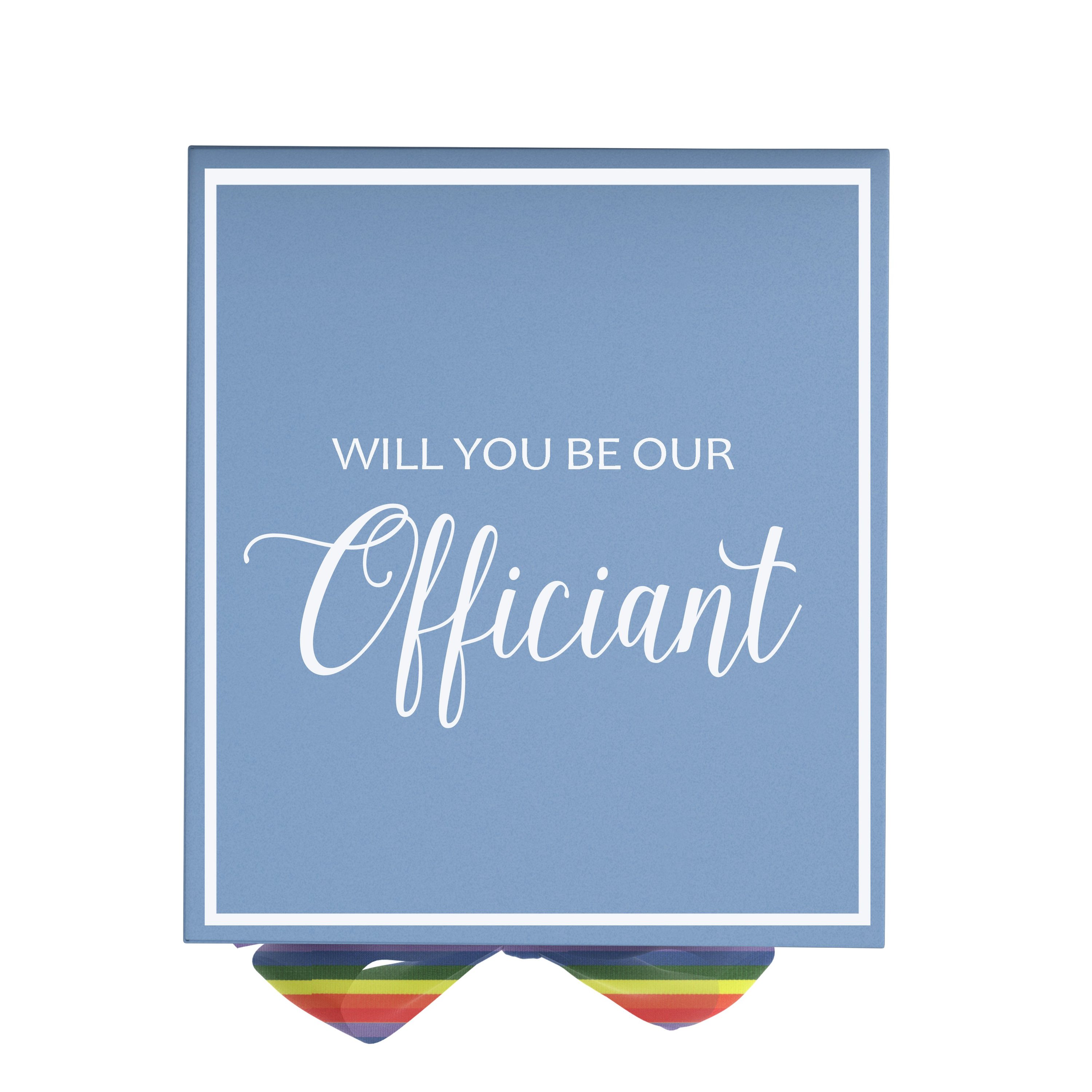 Light blue proposal box with metallic writing and rainbow bow, perfect for officiant proposals.