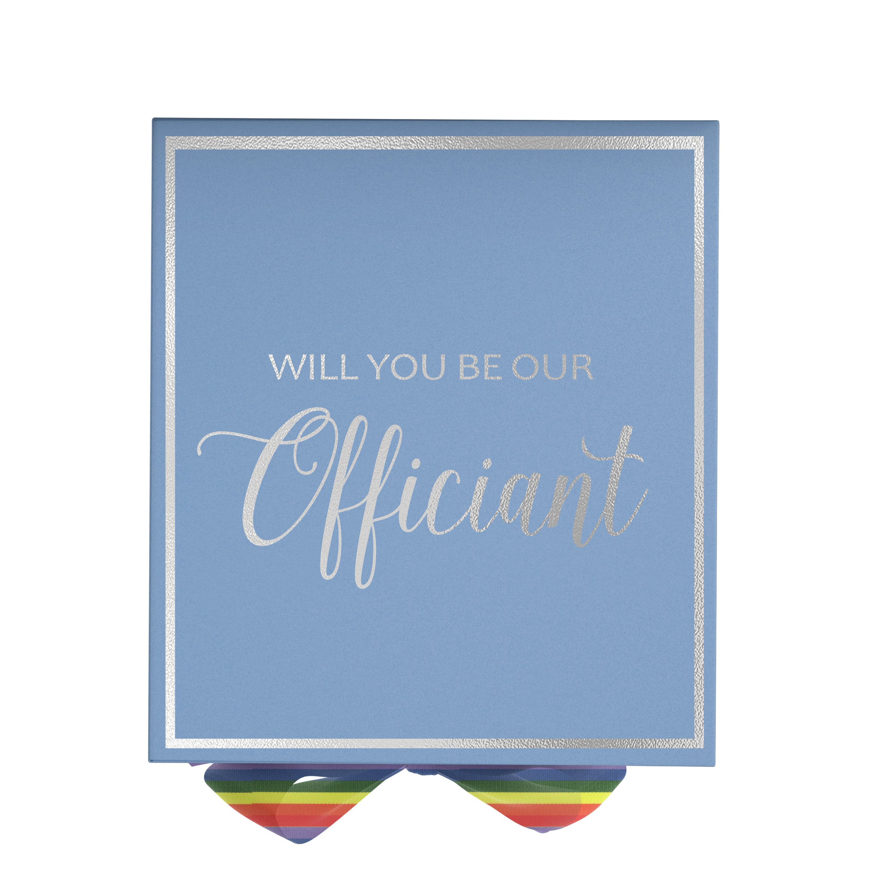 Light blue proposal box with metallic writing and rainbow bow, perfect for officiant proposals.