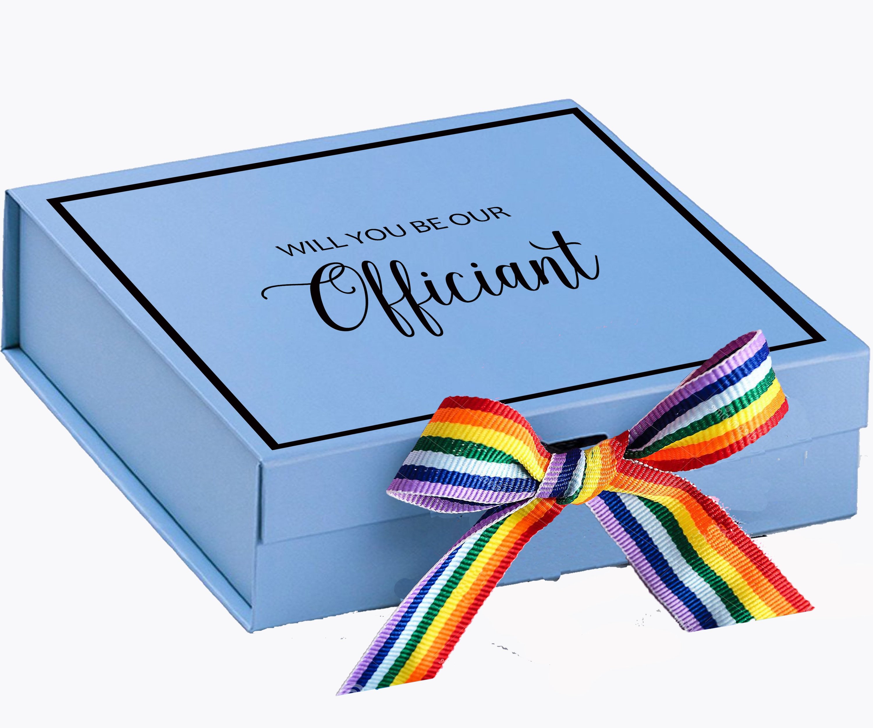 Light blue proposal box with metallic writing and rainbow bow, perfect for officiant proposals.