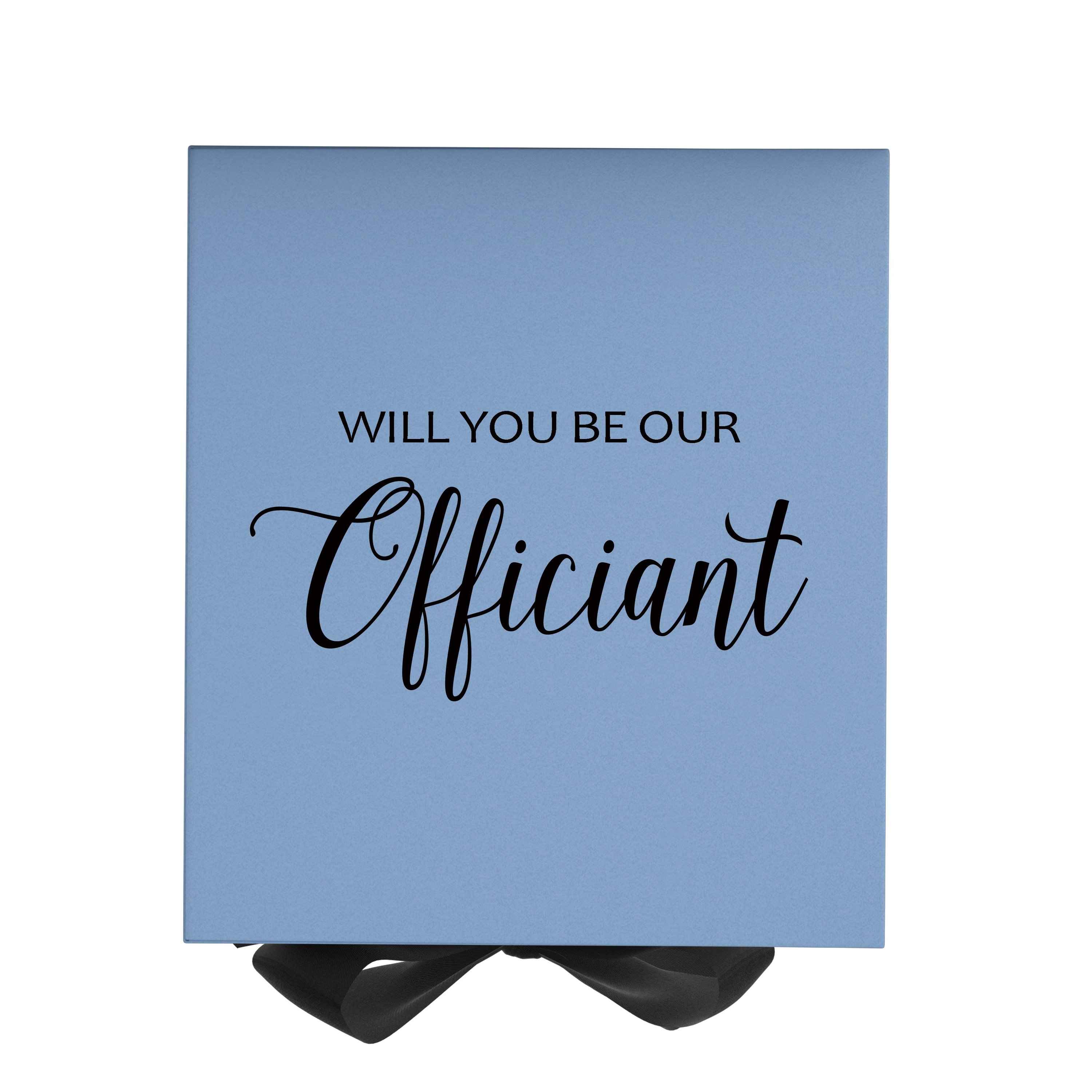 Light blue proposal box with black bow and metallic writing, elegantly designed for officiant proposals.