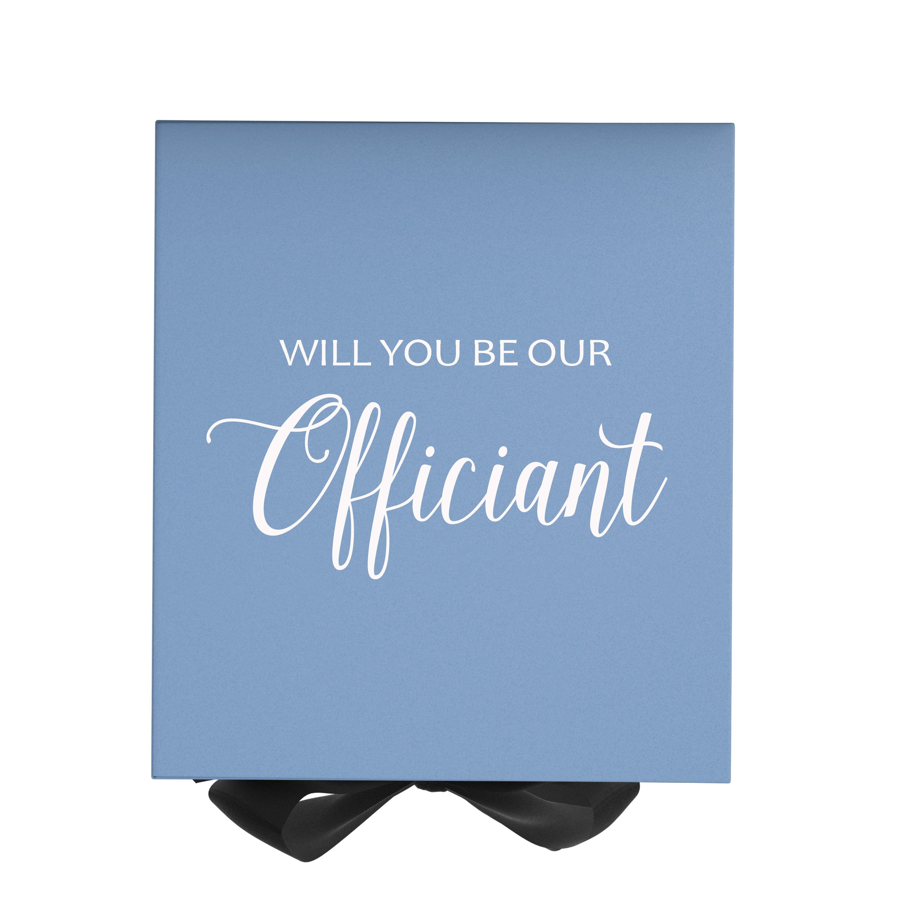 Light blue proposal box with black bow and metallic writing, elegantly designed for officiant proposals.